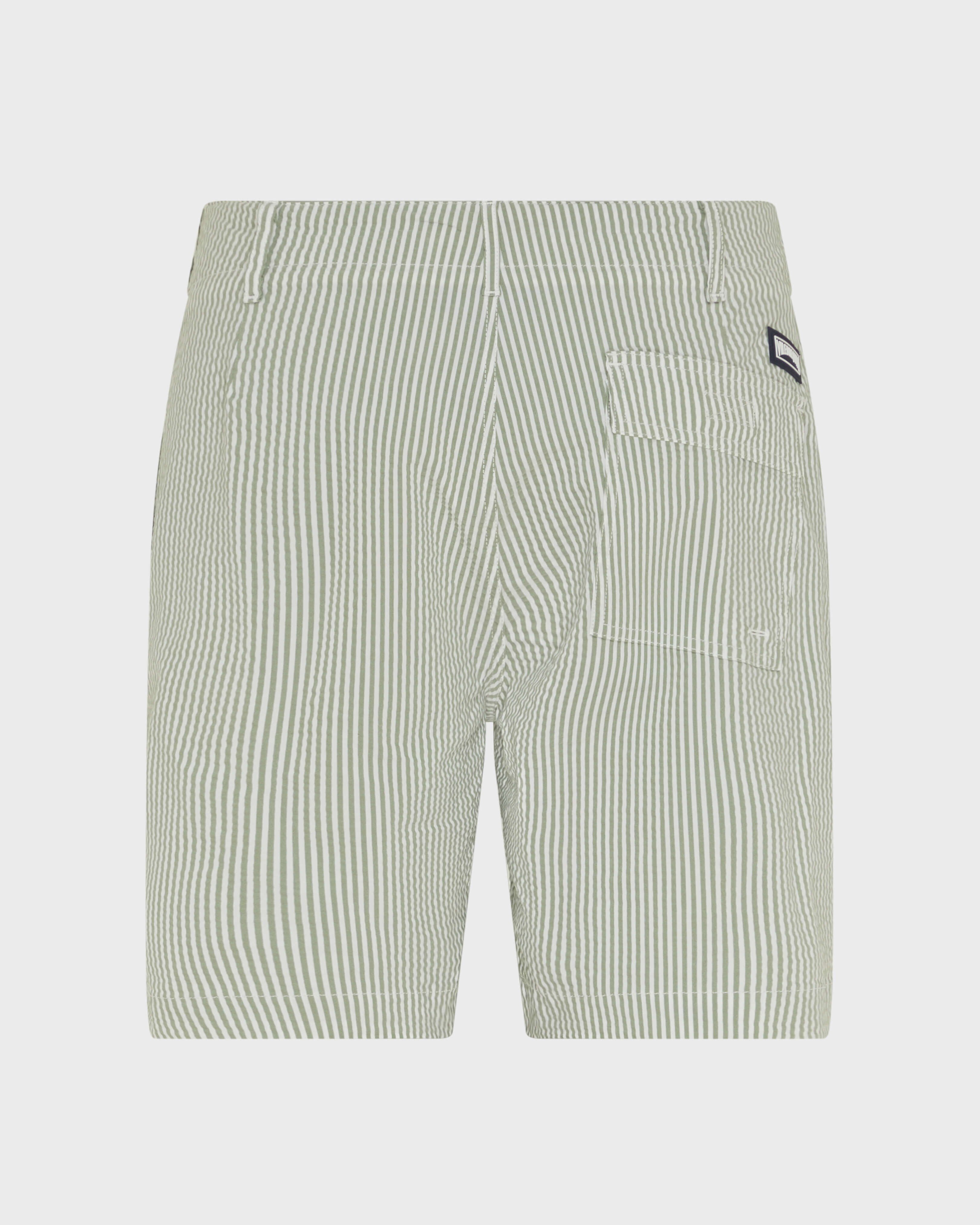 Bermuda uomo in cotone elasticizzato seersucker a righe CACHI back view