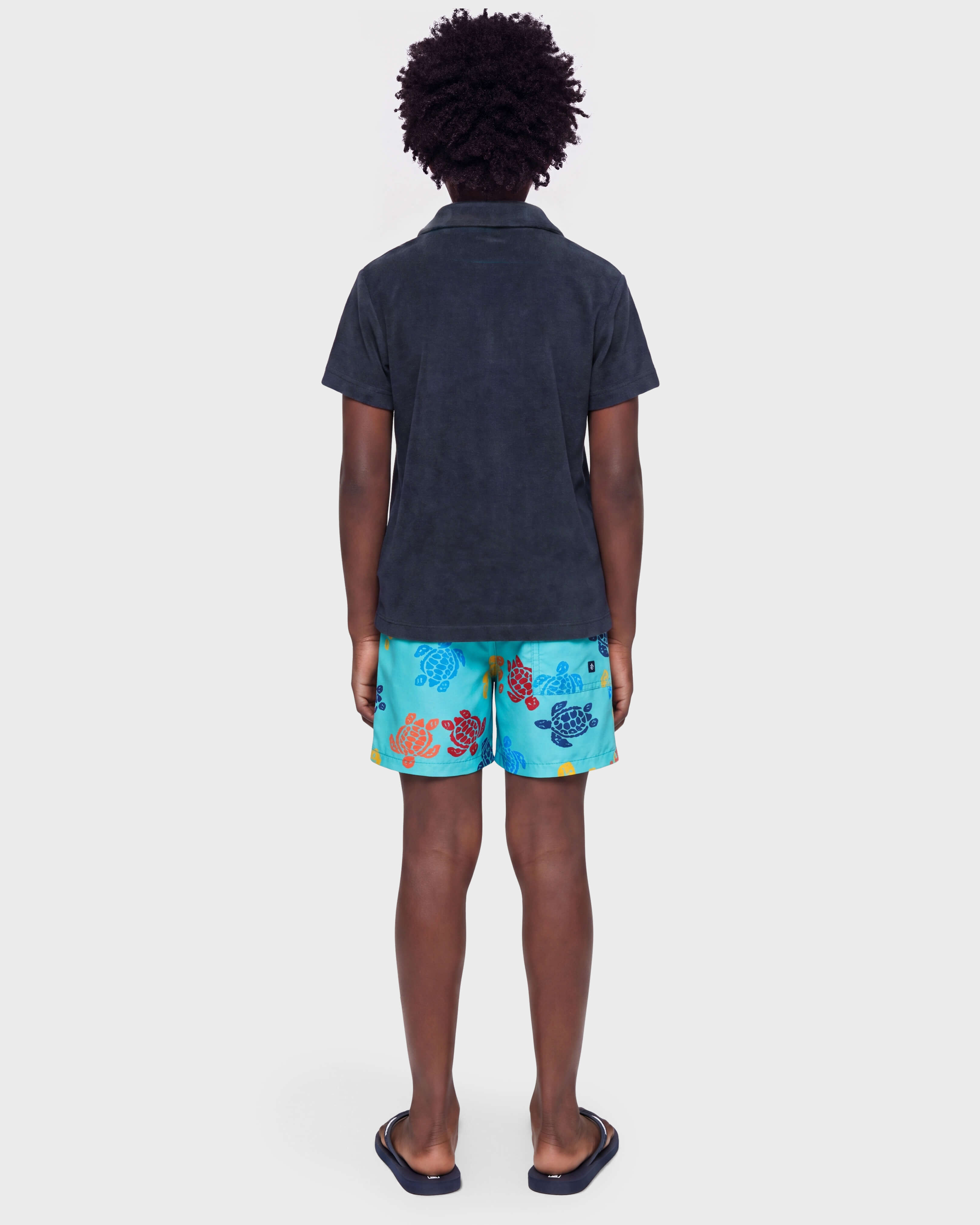 Boys Swim Shorts Ronde des Tortues Tricot - Vilebrequin x Falke LAZULII BLUE backworn view
