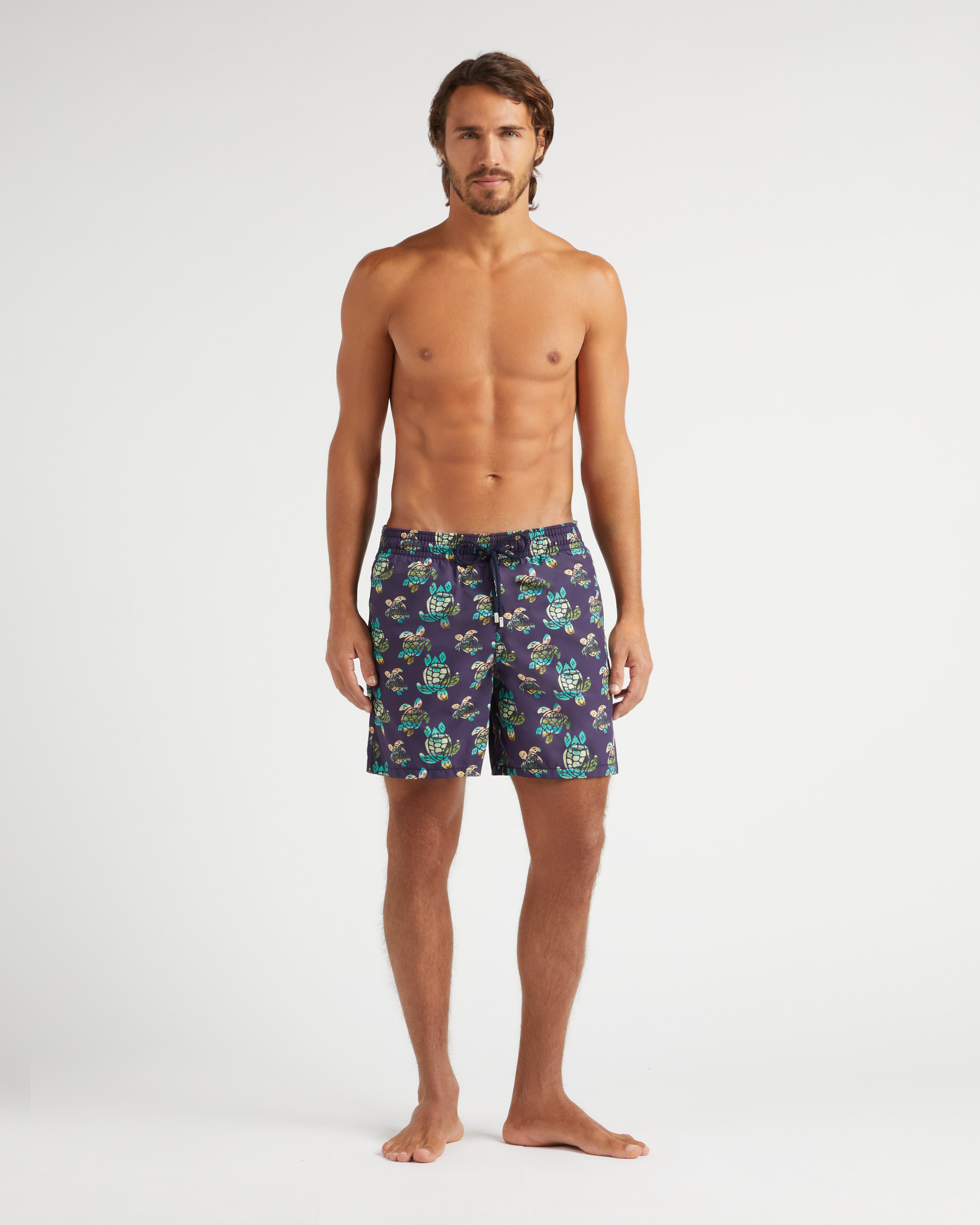 Men Swim Shorts Landscape Turtles MIDNIGHT frontworn view