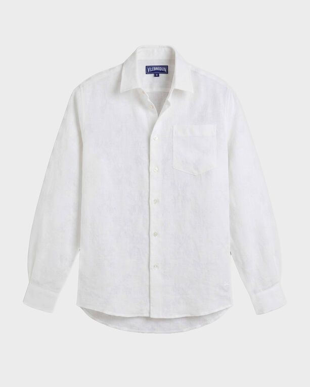 Vilebrequin - Men Linen And Cotton Shirt Jacquard Turtle Monogram - Shirt - Caroubis - White - Size XXL