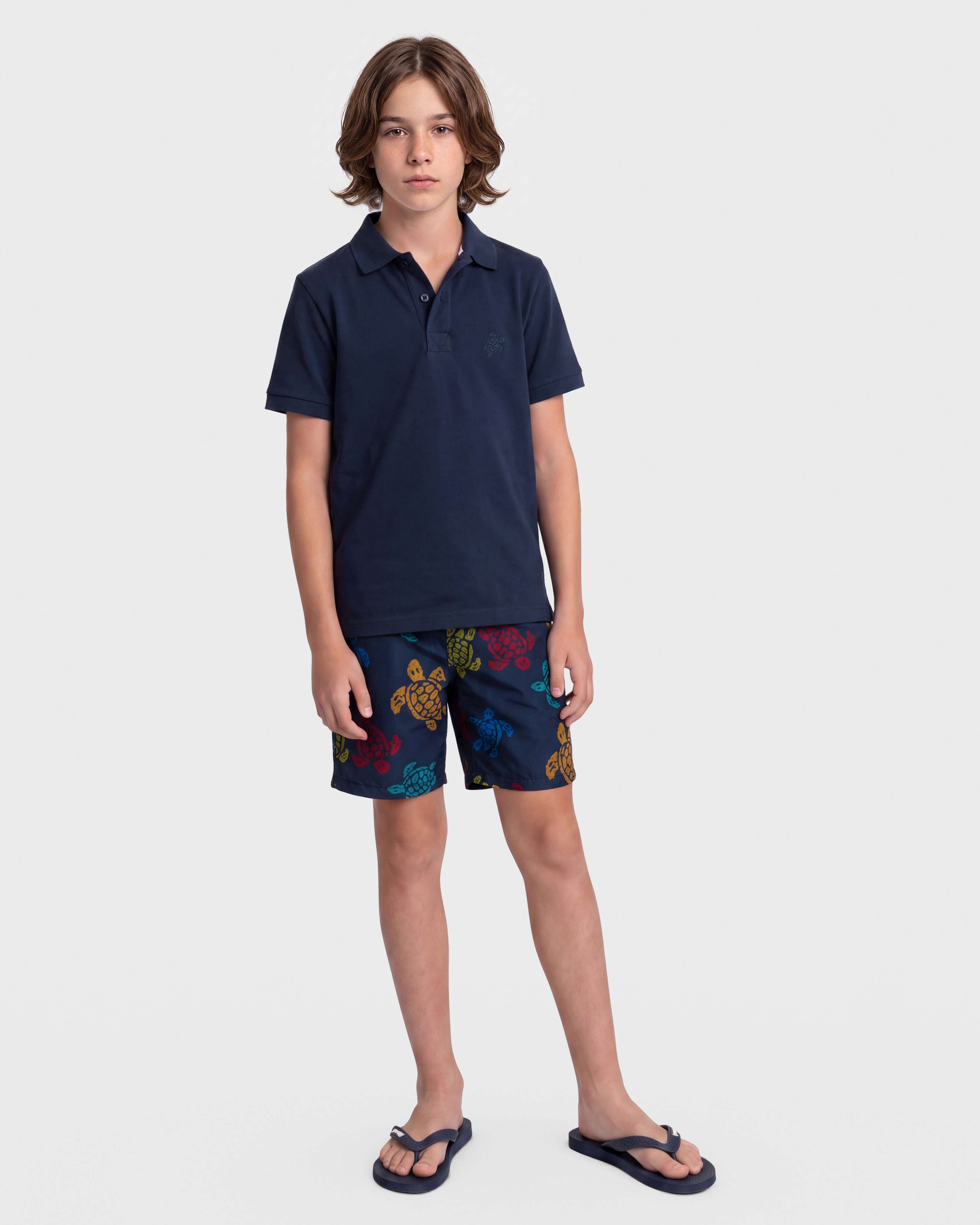 Boys Swim Shorts Ronde des Tortues Tricot - Vilebrequin x Falke NAVY frontworn view