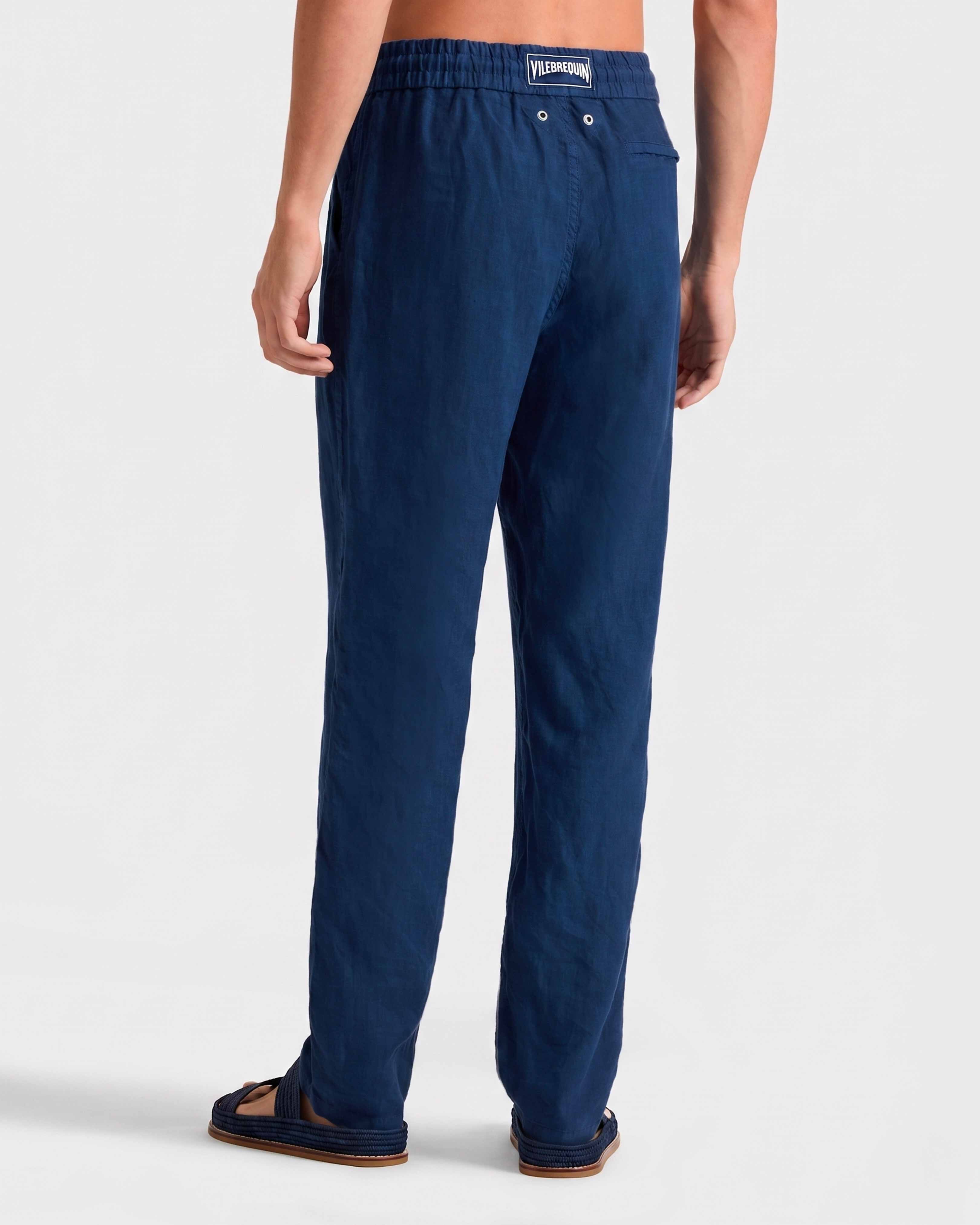 Men Linen Pants Regular Fit Solid NAVY backworn view