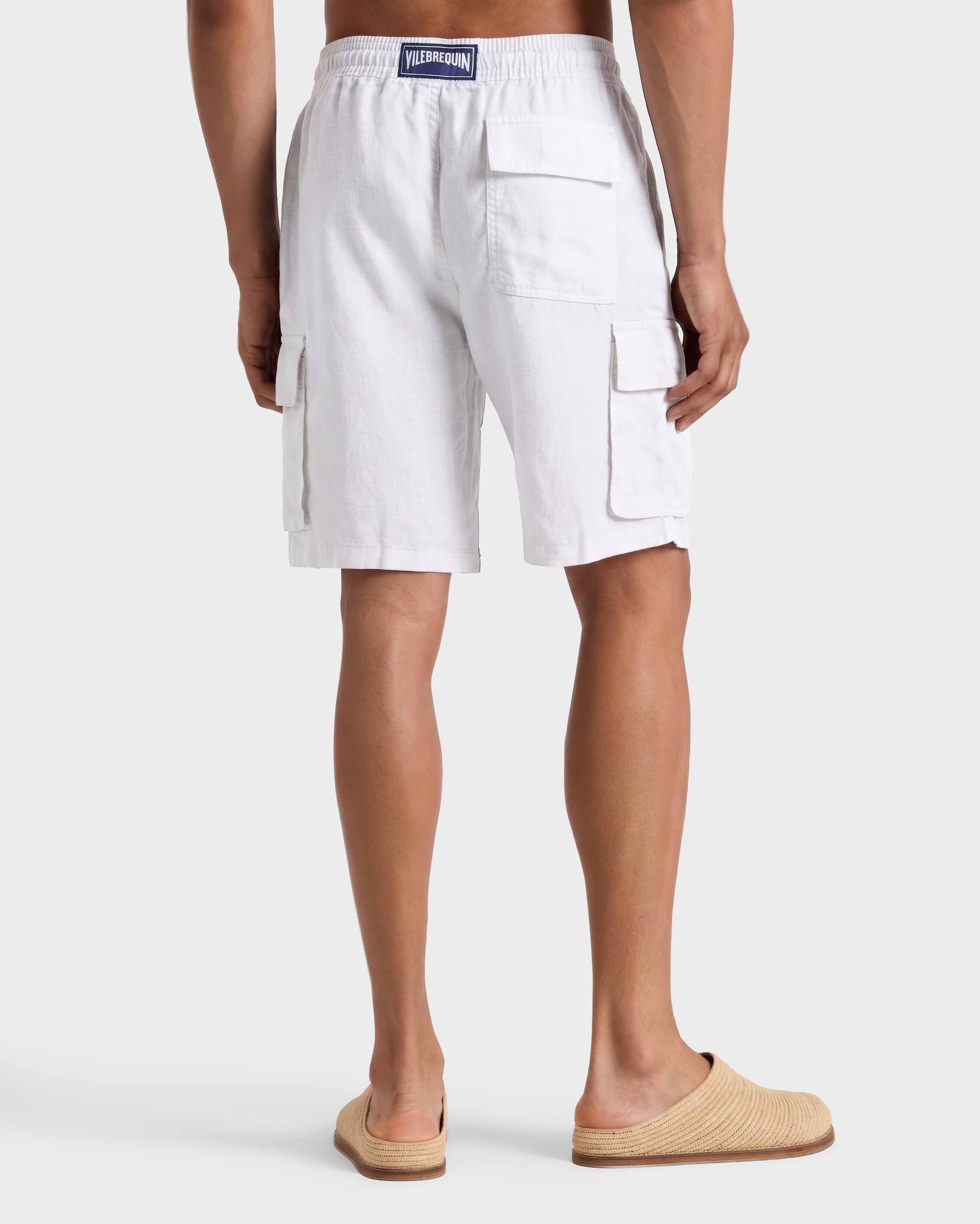 Men Linen Bermuda Shorts Cargo Pockets WHITE backworn view