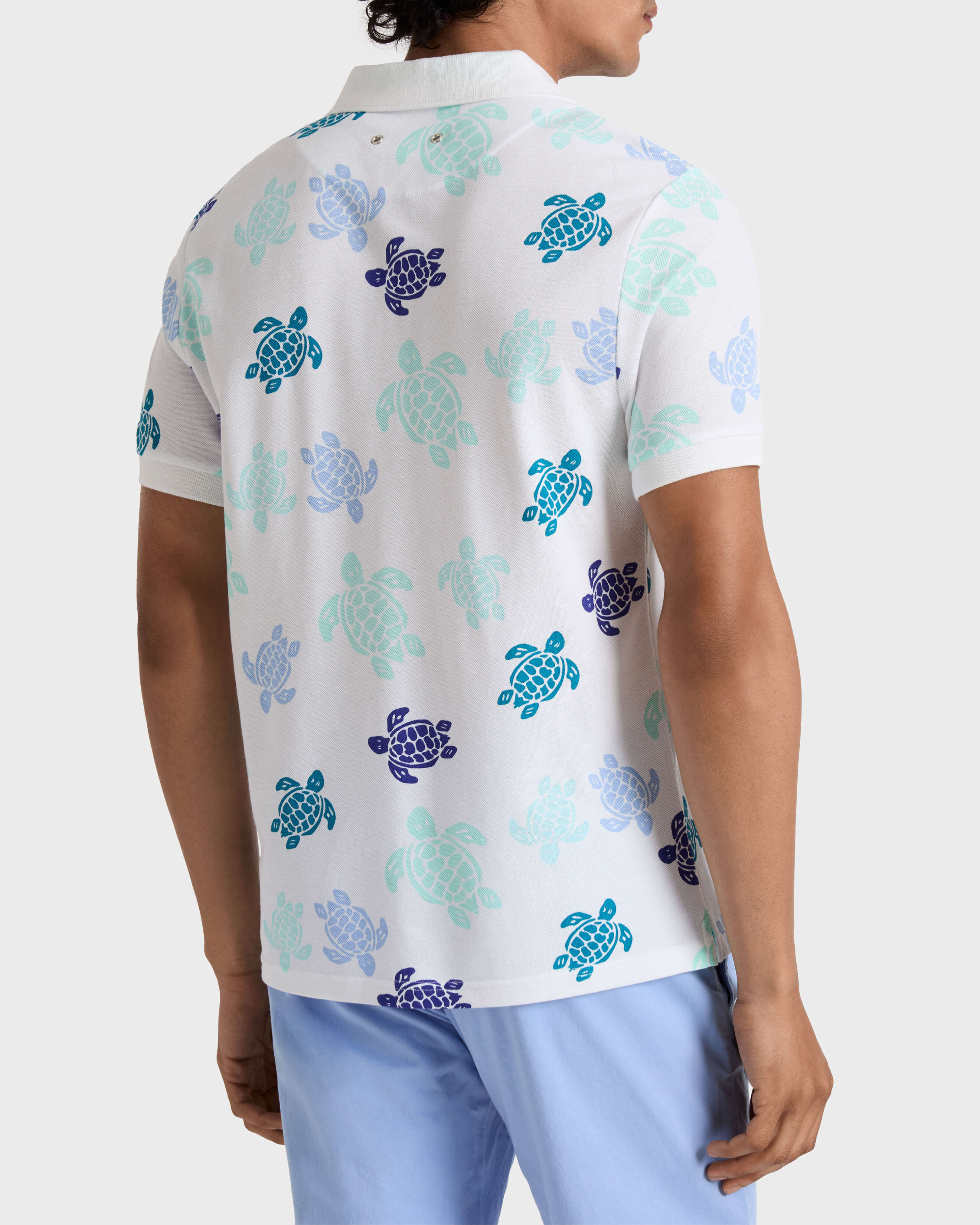 Multicolores Ronde des Tortues Herren-Polohemd aus Baumwollpikee WEISS backworn view