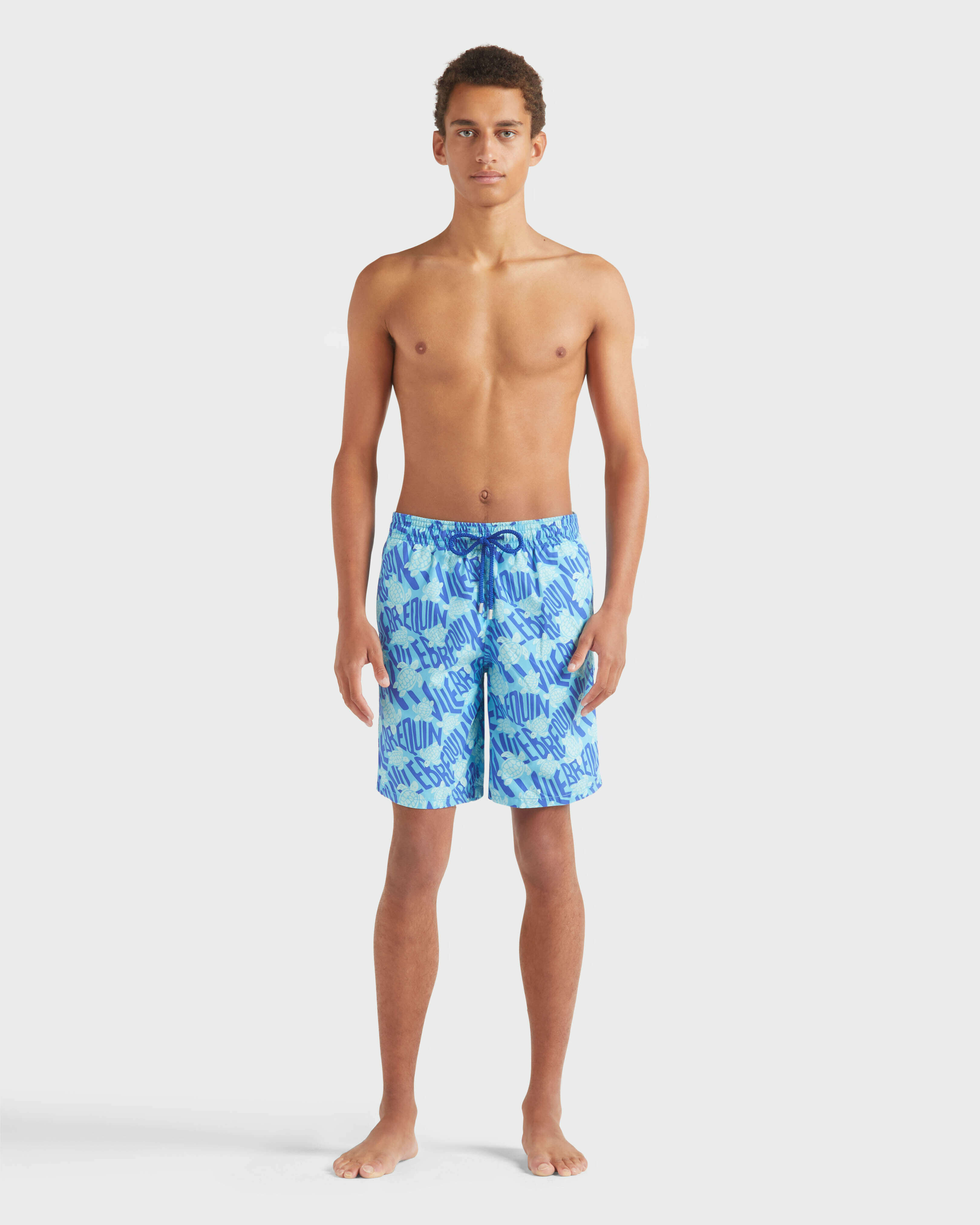 Men Long Swim Trunks Ronde des Tortues Logo BLUE TOPAZ frontworn view
