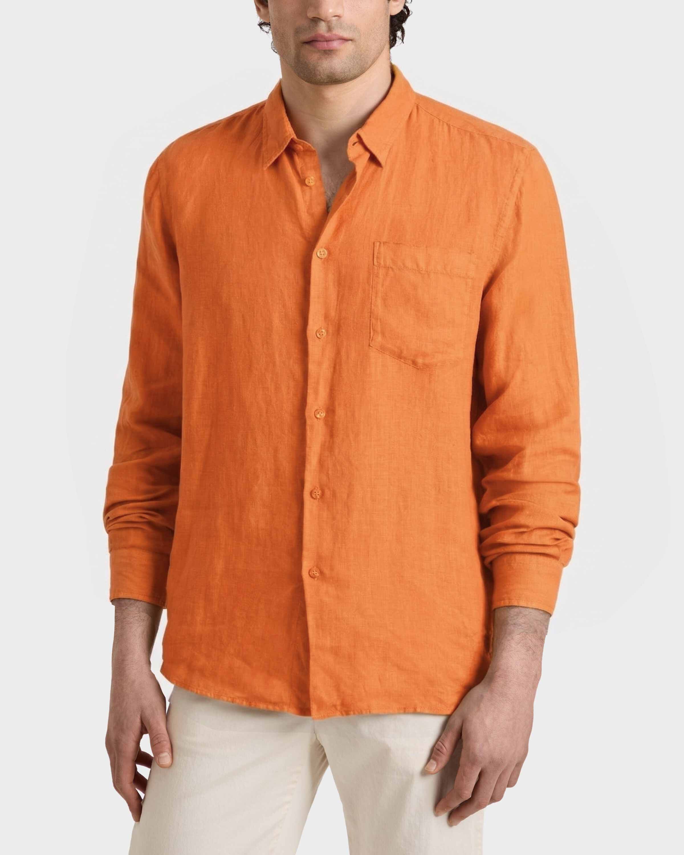 Einfarbiges Hemd aus Leinen für Herren APRICOT frontworn view