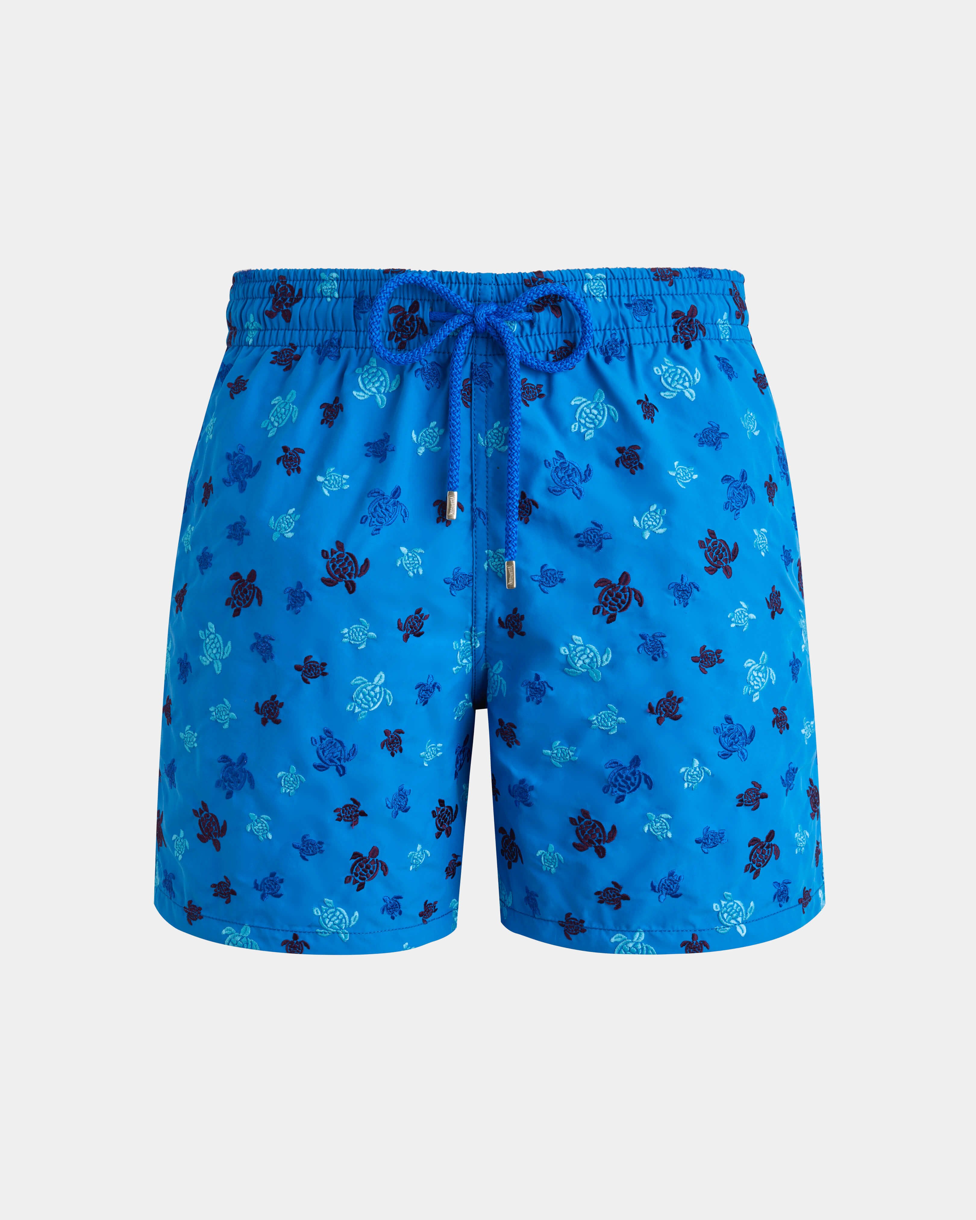 Men Swim Shorts Embroidered Ronde des Tortues - Limited Edition NEON BLUE front view