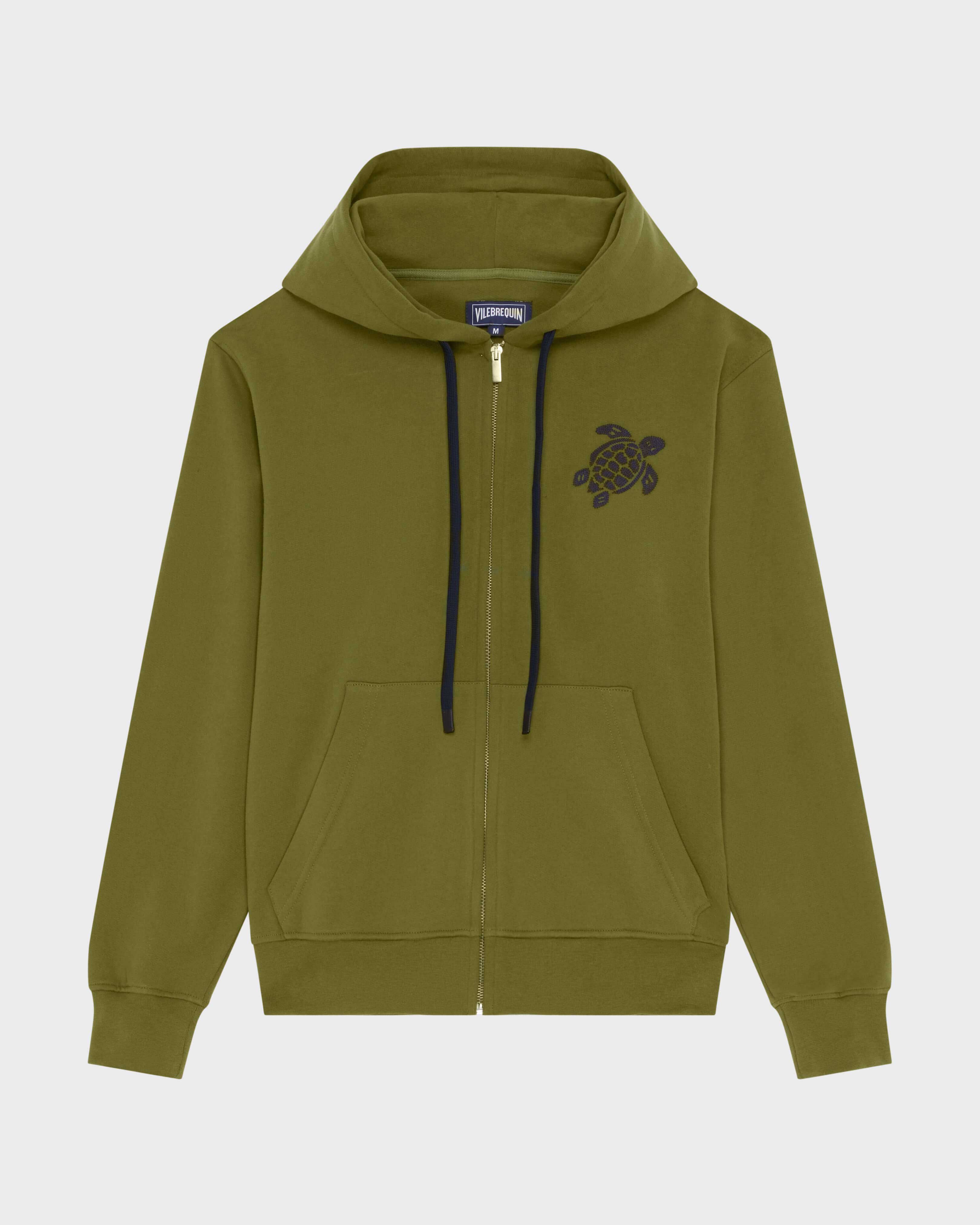 Men Cotton Full Zip Hoodie Big Turtle Embroidery KHAKI front view