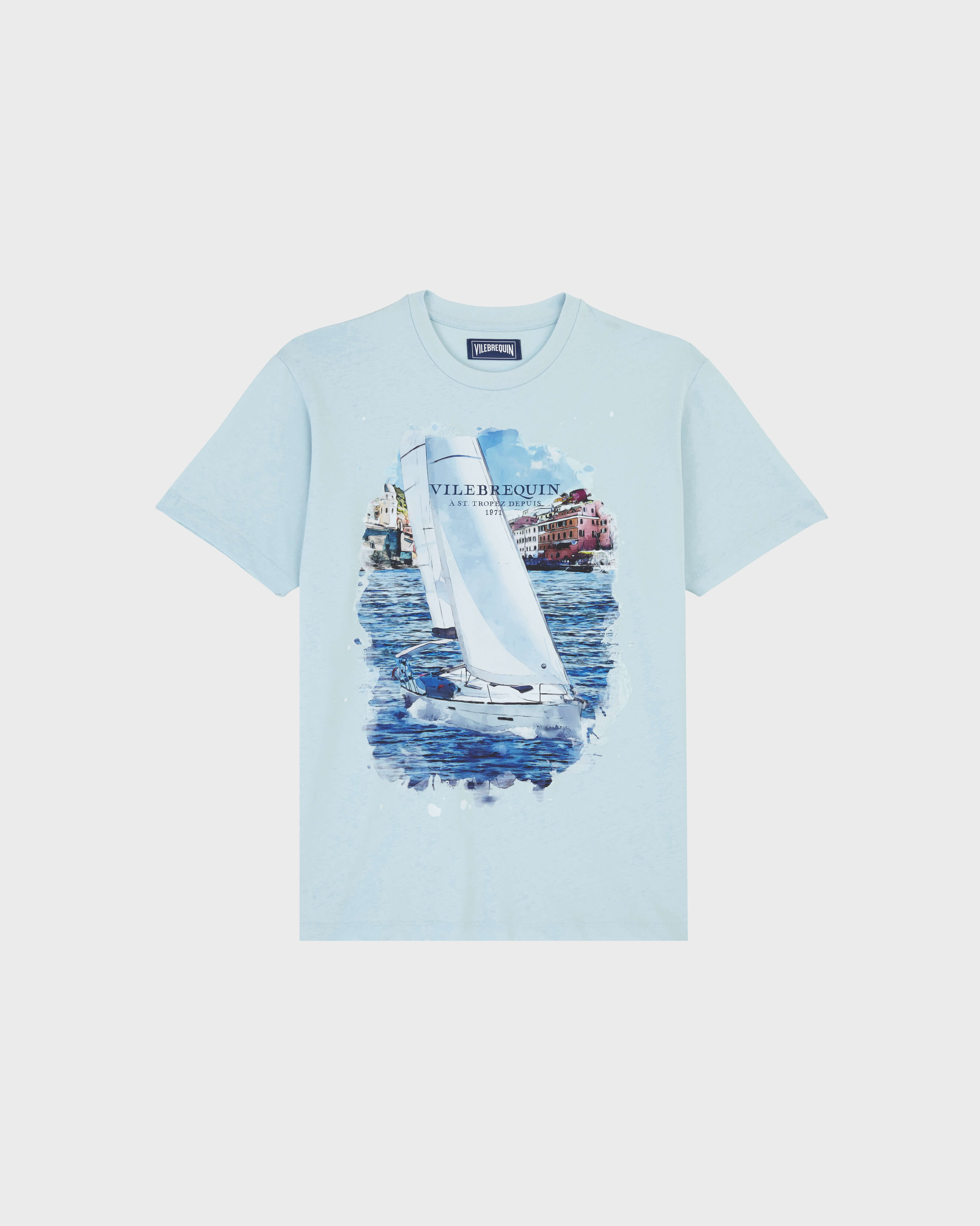 White Sailing Boat Baumwoll-T-Shirt für Herren HIMMELBLAU front view