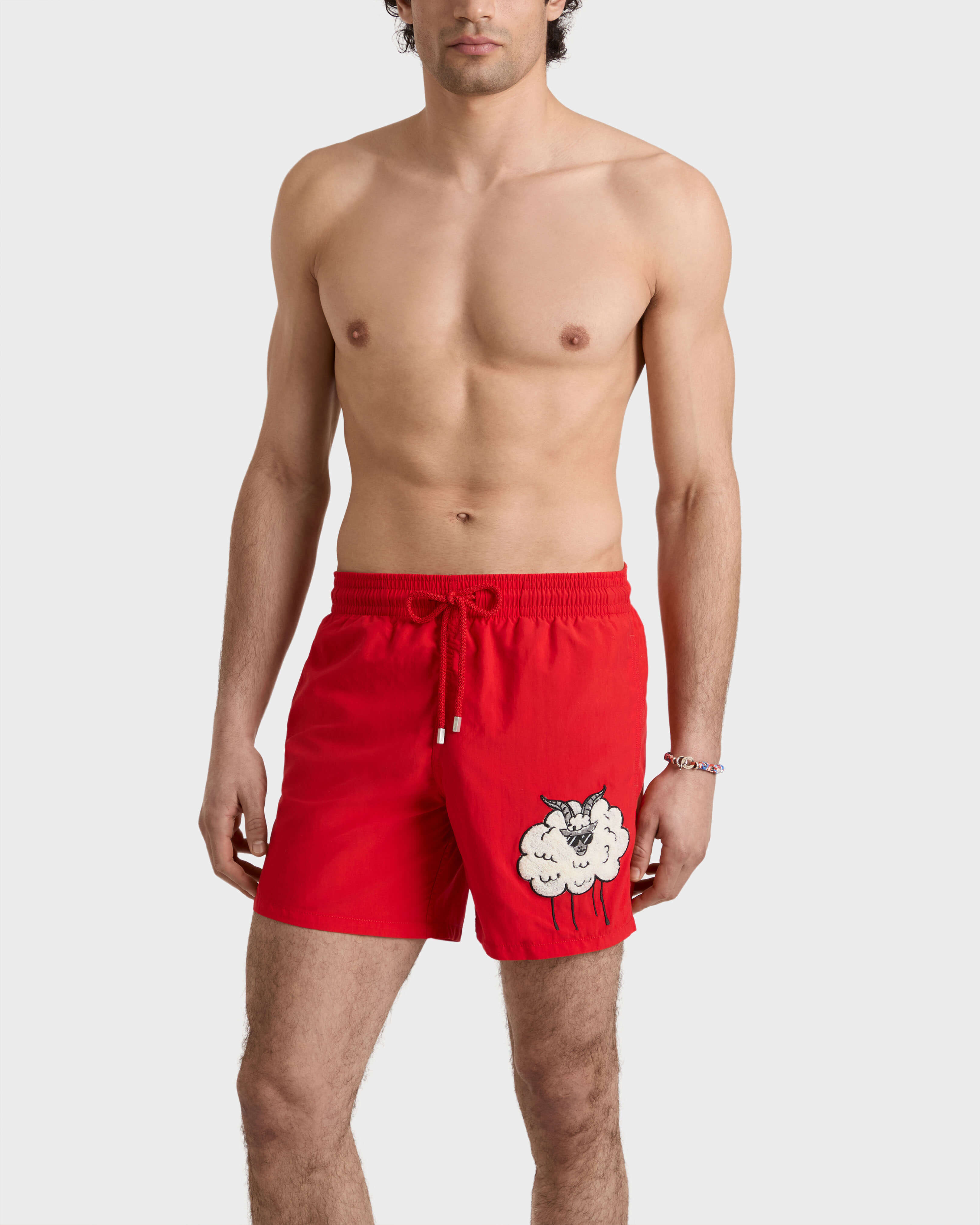 Men Embroidered Swim Shorts Year of the Goat POPPY RED frontworn view