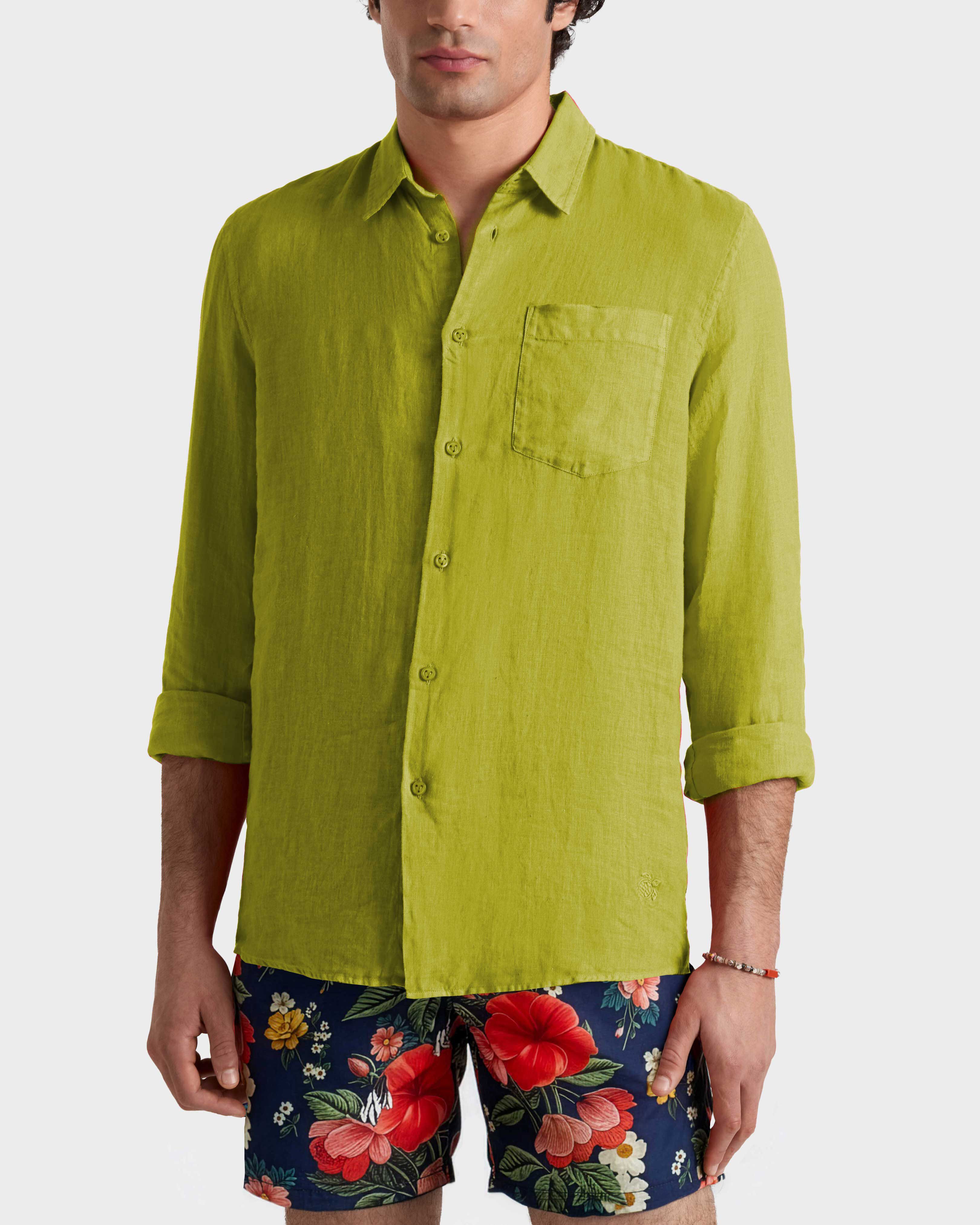 Camisa de lino lisa para hombre AJENJO frontworn view