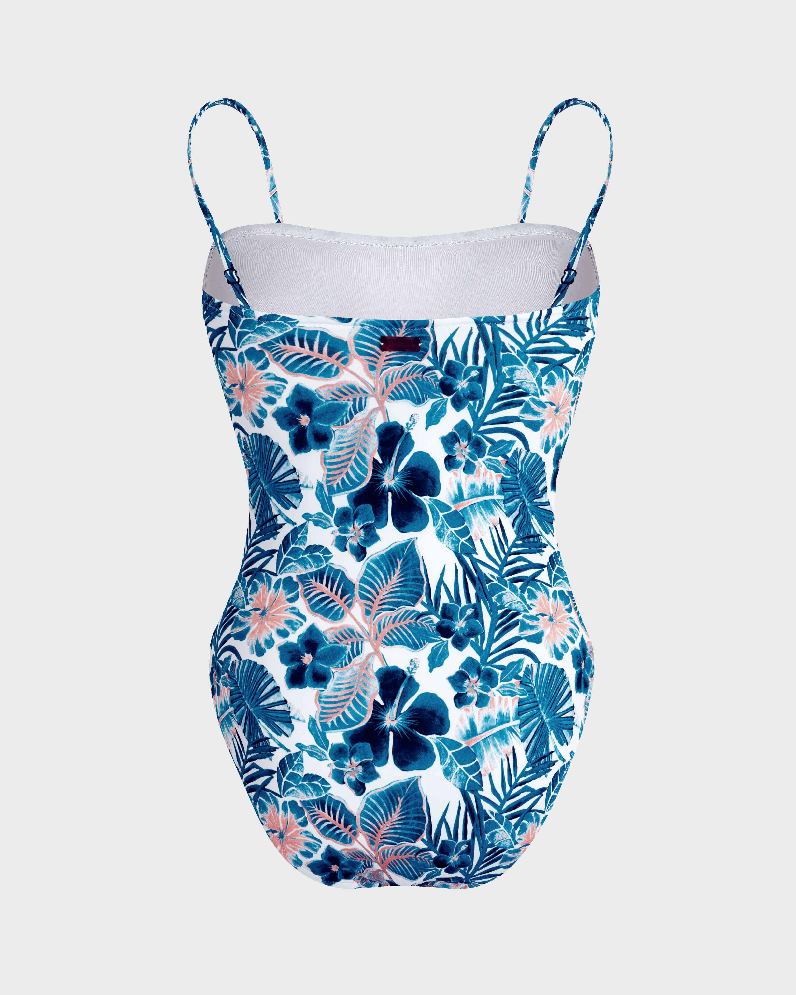 Women Bustier One-piece Swimsuit Island Flowers WHITE back view