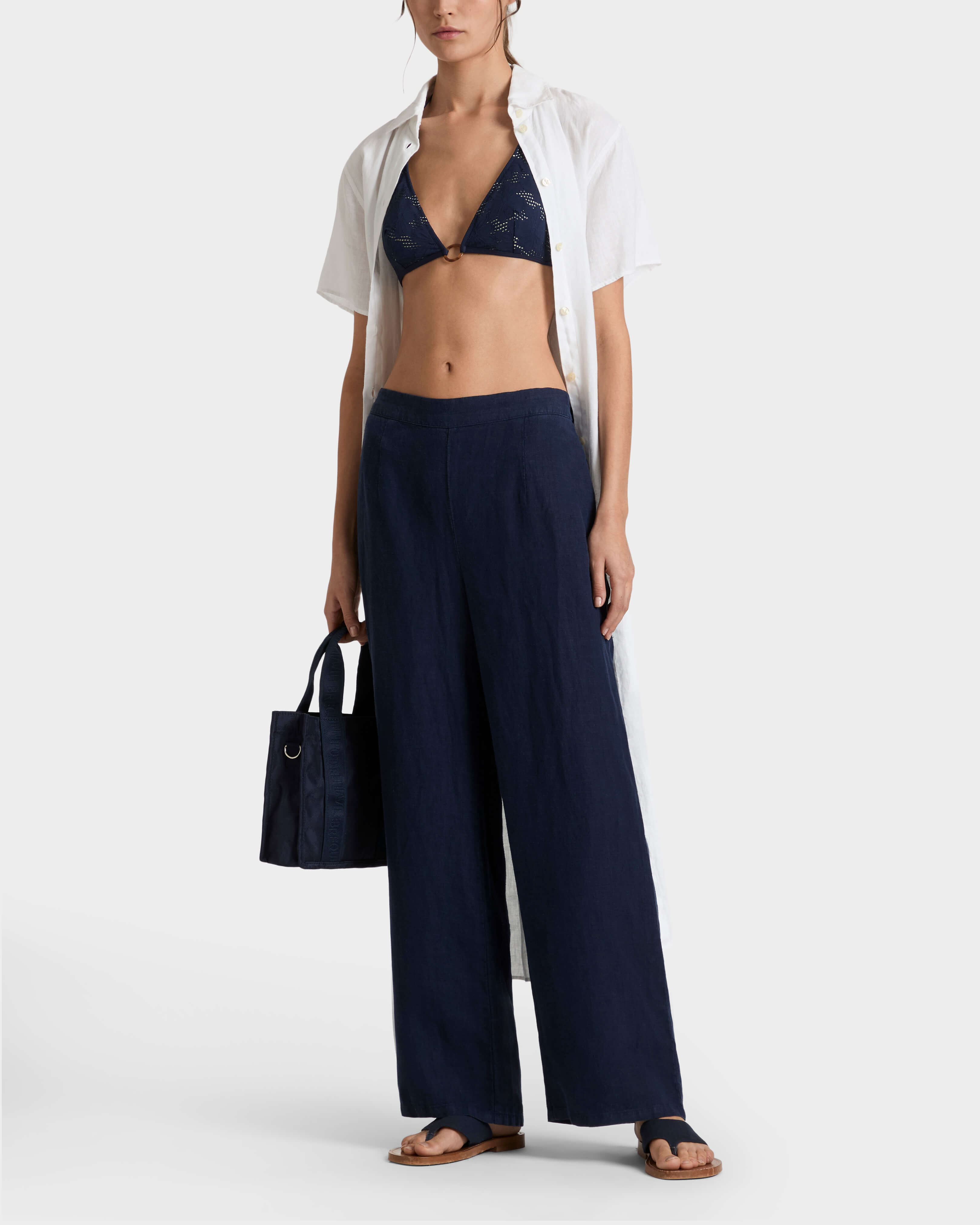 Women Linen Comfort Pants Solid NAVY frontworn view