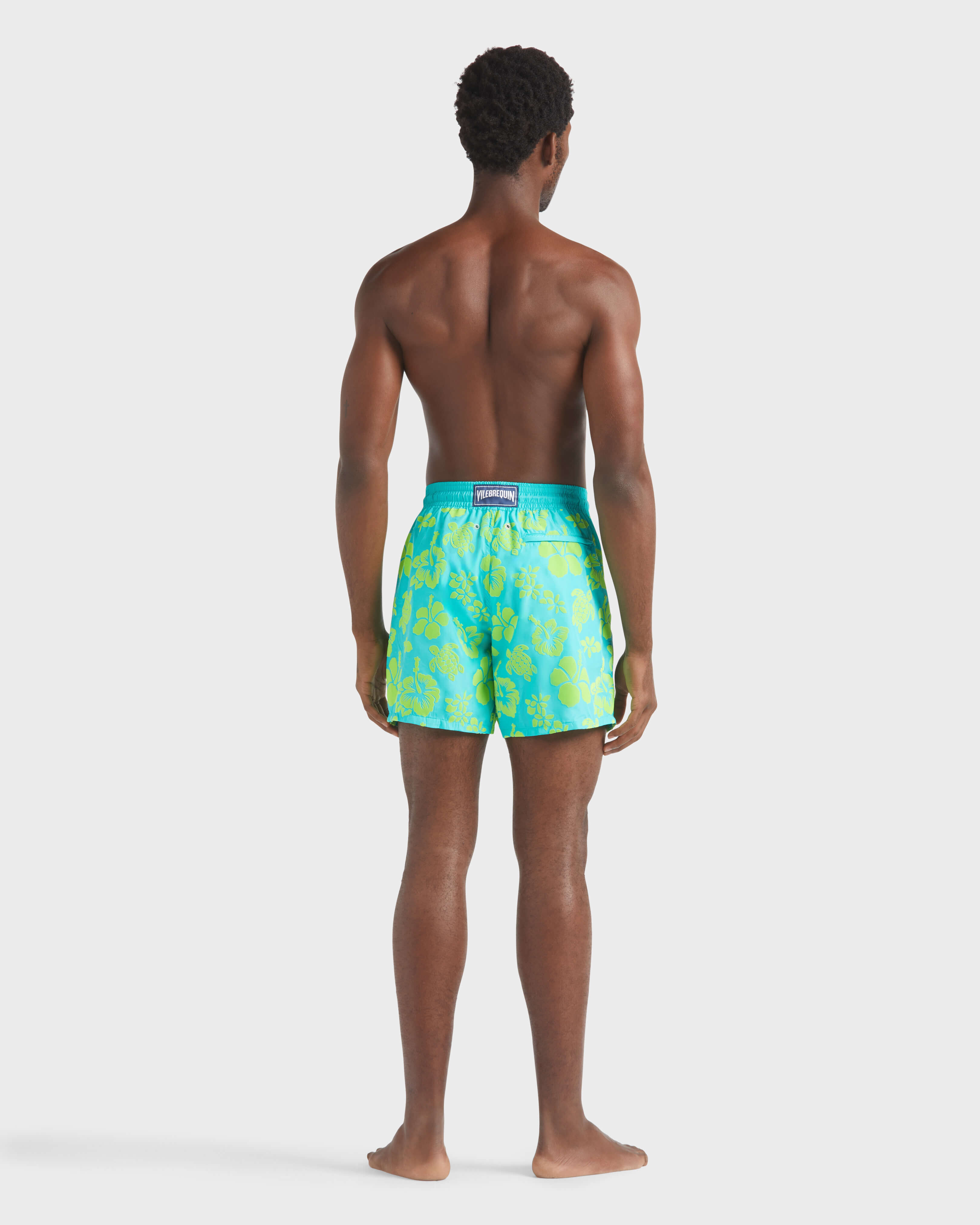 Men Ultra-light and packable Flocked Swim Shorts Tropical Turtle DISCO GREEN backworn view