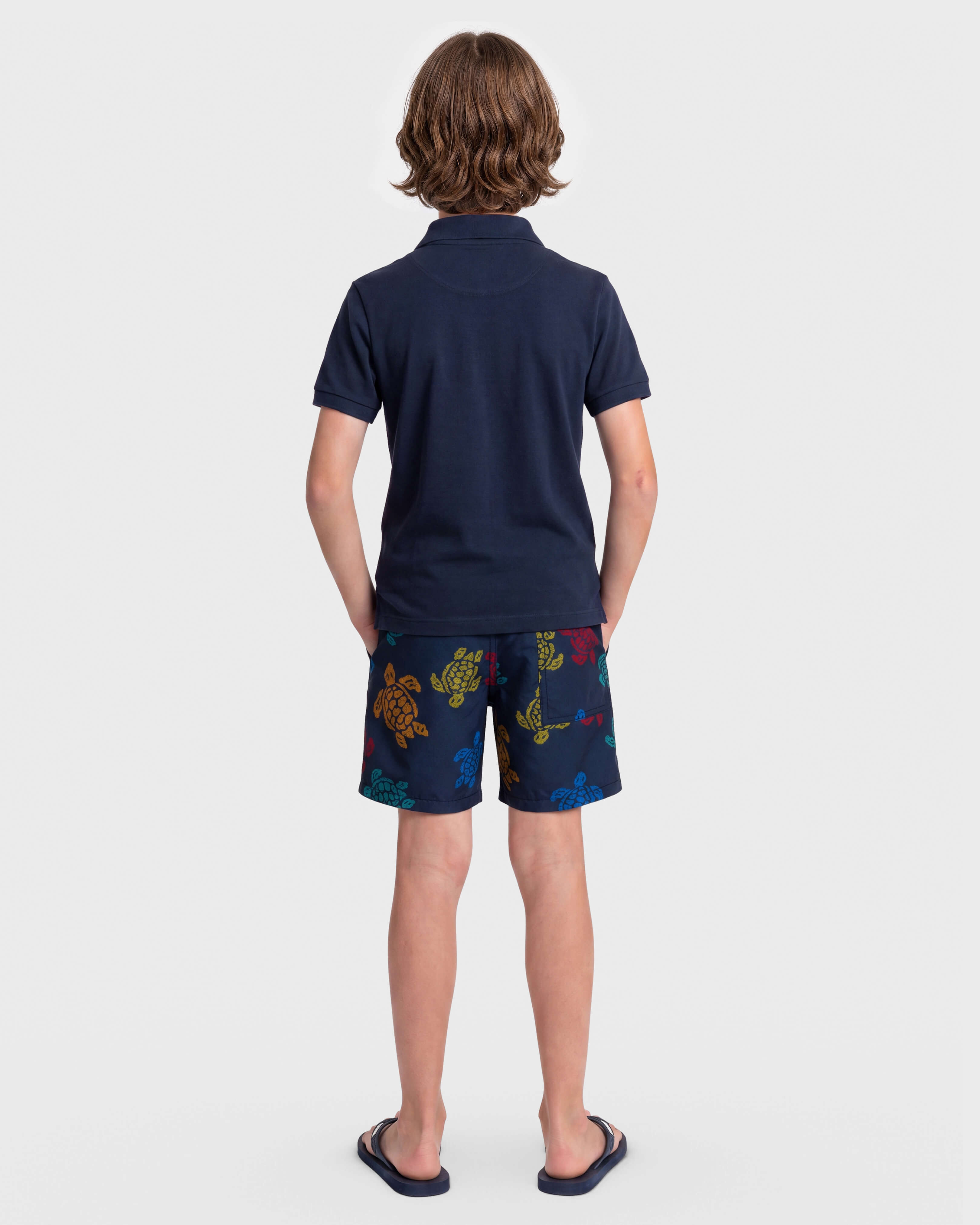 Boys Swim Shorts Ronde des Tortues Tricot - Vilebrequin x Falke NAVY backworn view