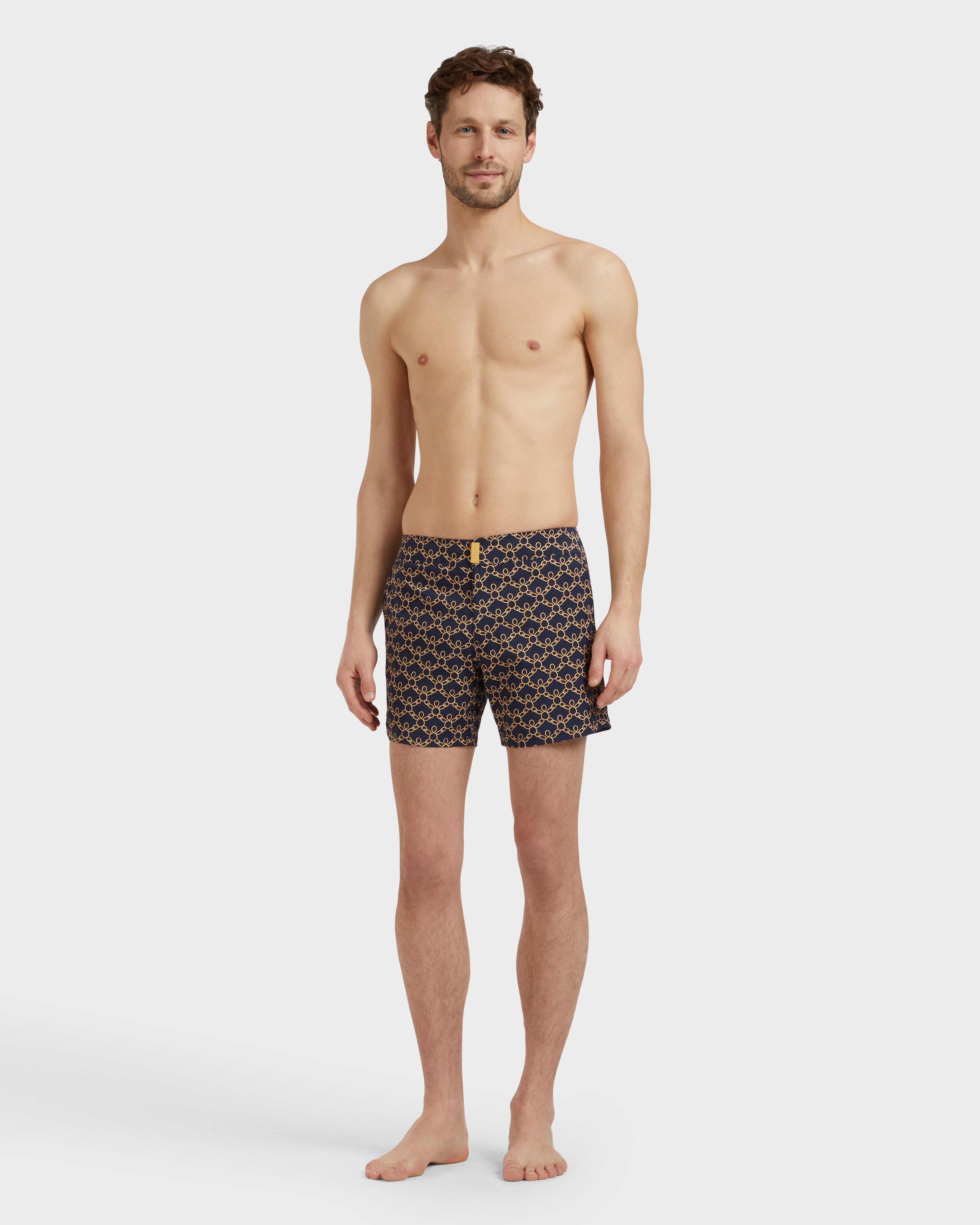 Men Stretch Short Flat Belt Swim Shorts Turtles Chain NAVY backworn view