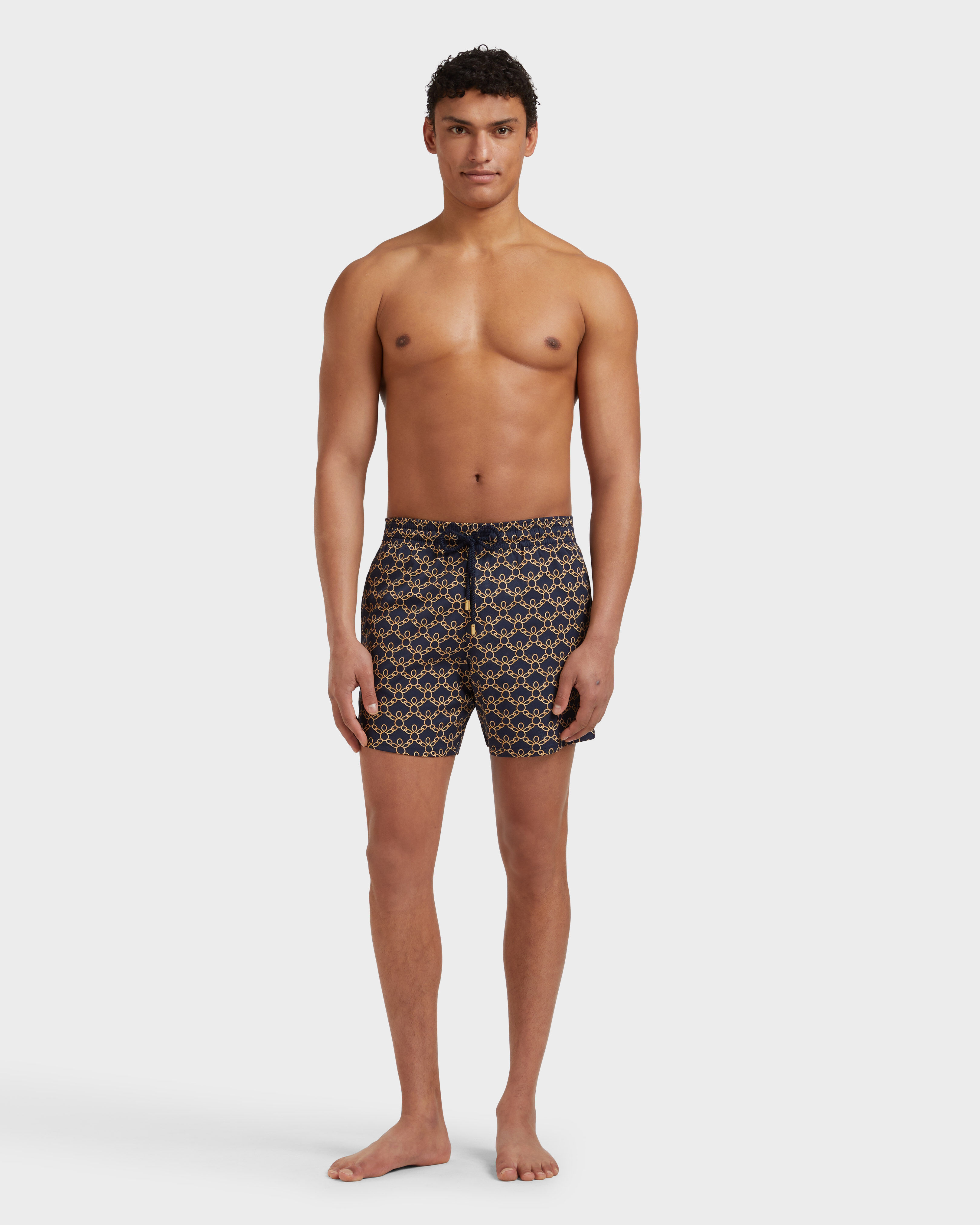 Men Stretch Short Swim Shorts Turtles Chains NAVY frontworn view