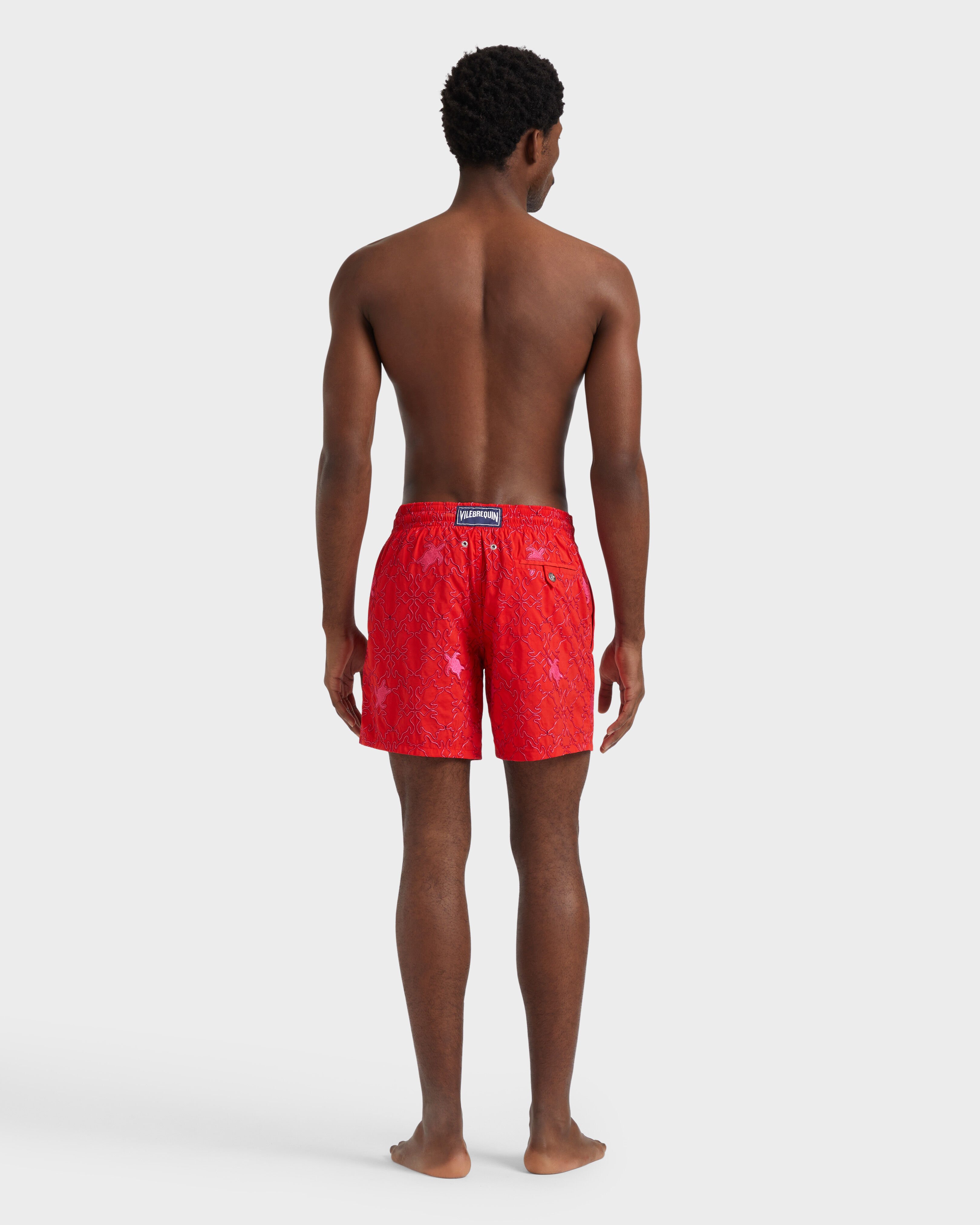 Men Swim Shorts Embroidered Turtles Net - Limited Edition POPPY RED backworn view