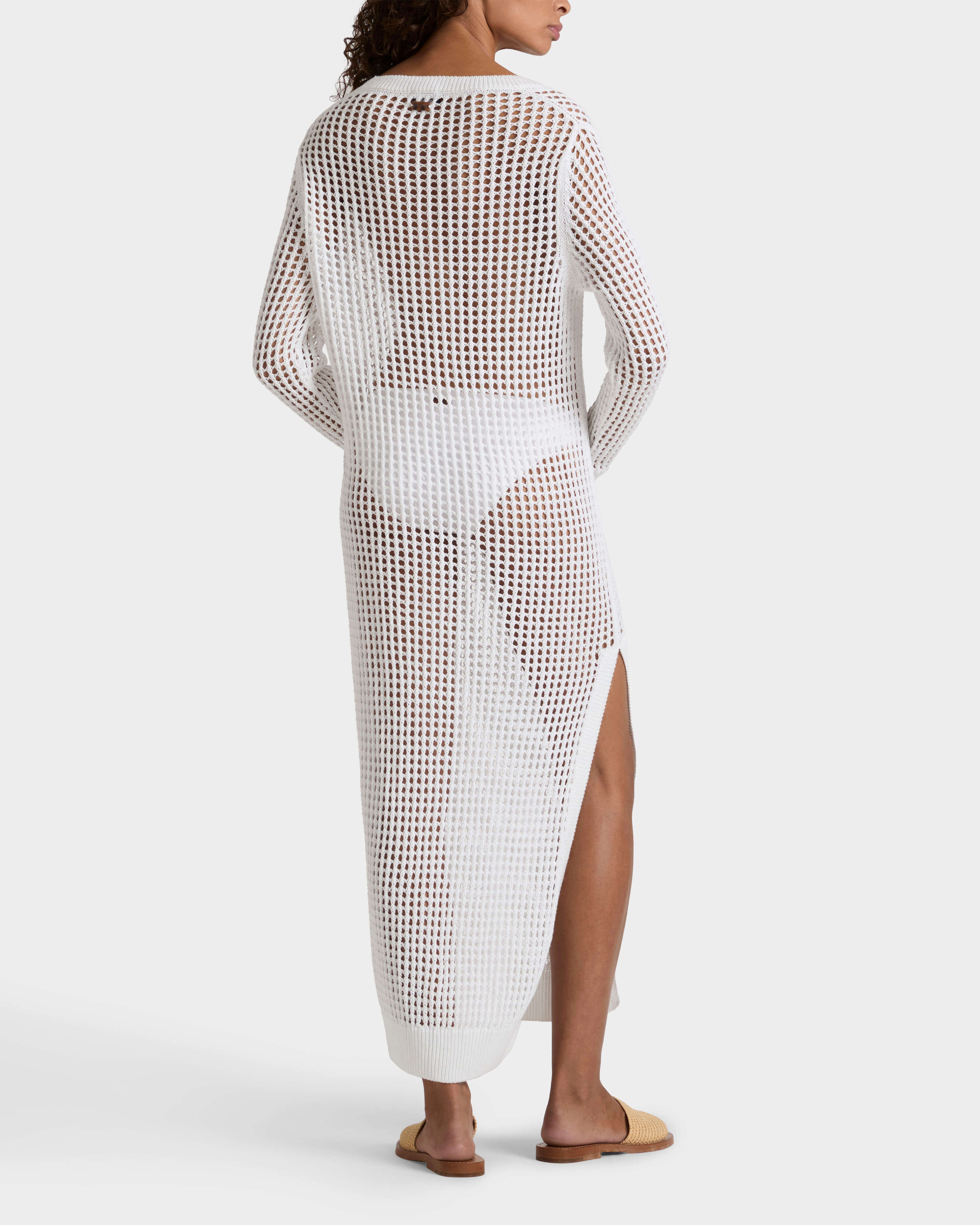 Vestito T-shirt donna all'uncinetto tinta unita BIANCO backworn view