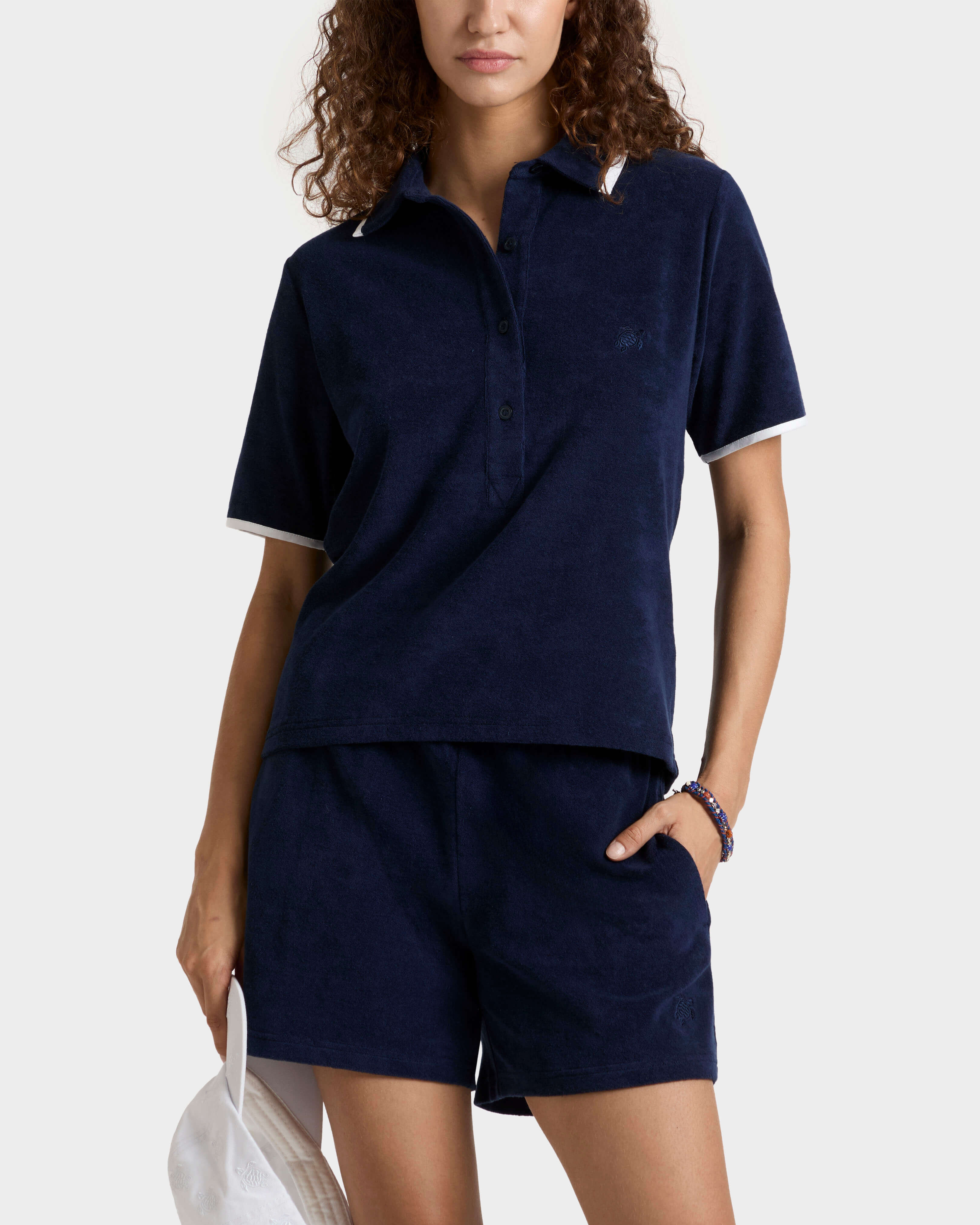 Women Terry Polo Solid NAVY frontworn view