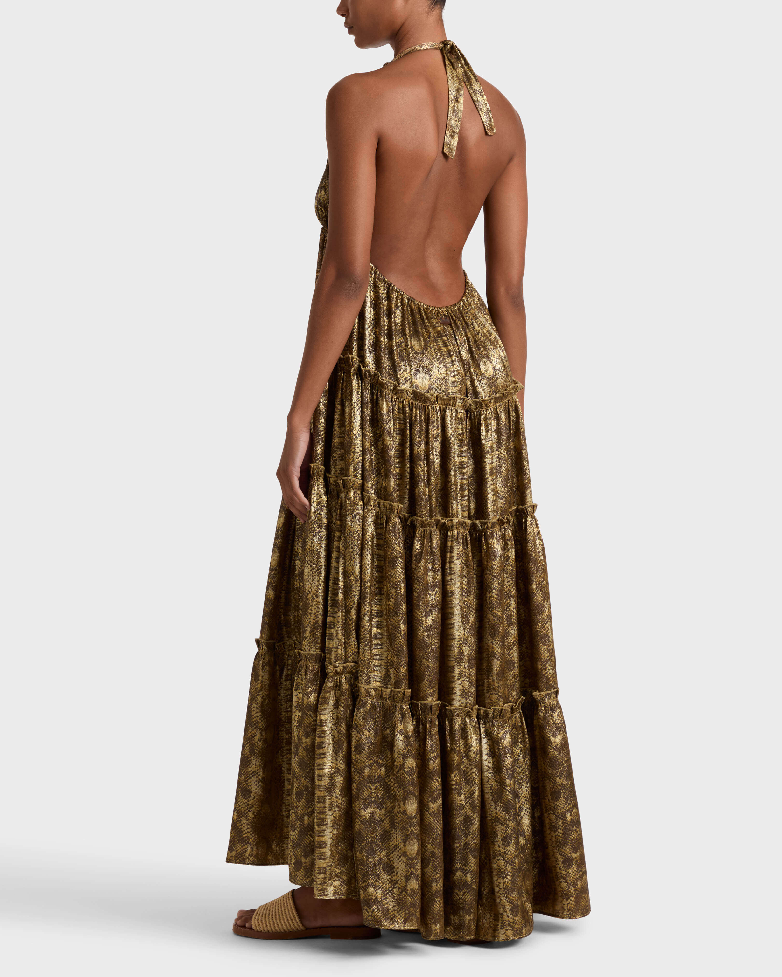 Langes Lame Python Kleid für Damen GOLD backworn view