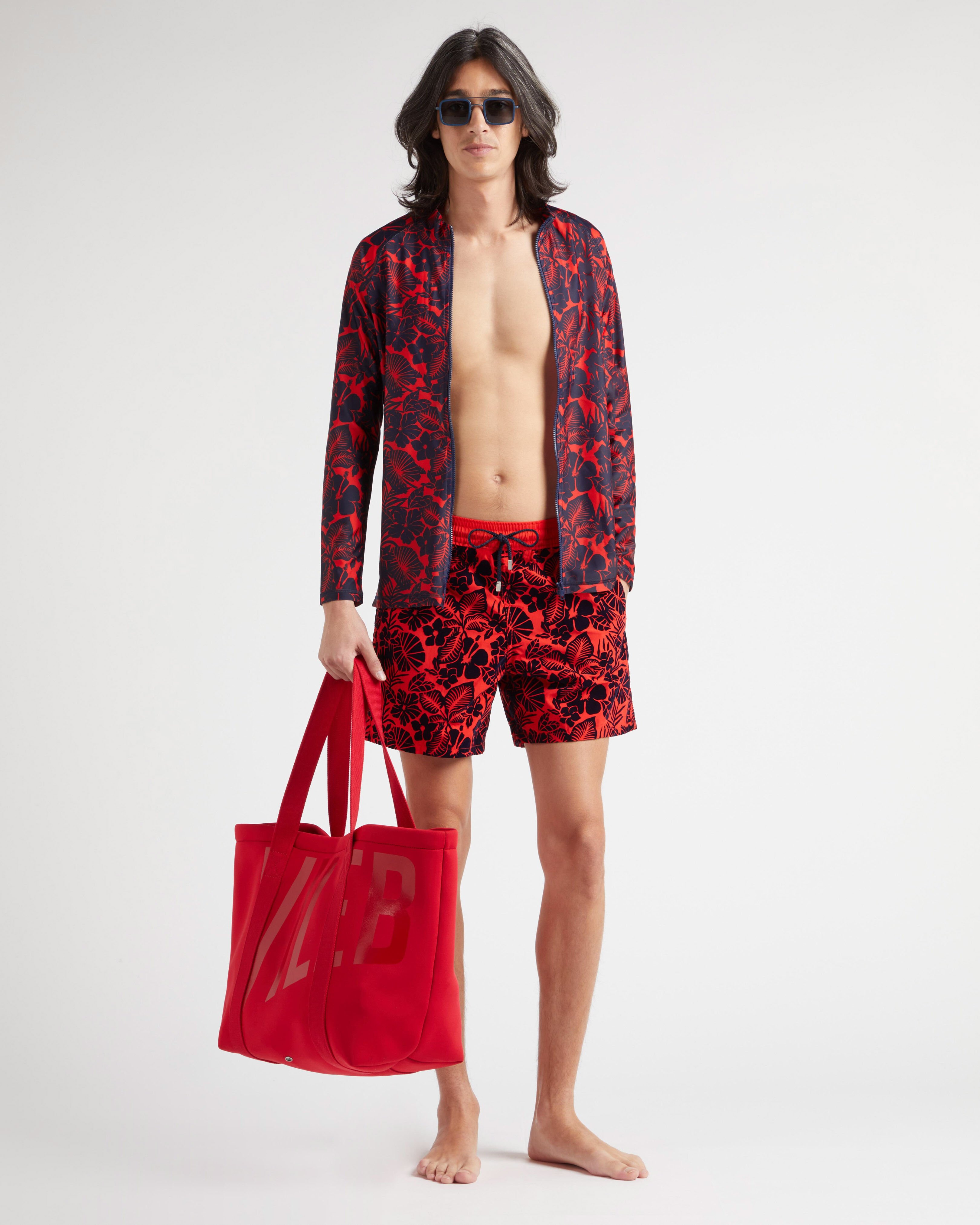 Men UV Protection Zipped Long Sleeves Rashguard Flowers POPPY RED supp1 view