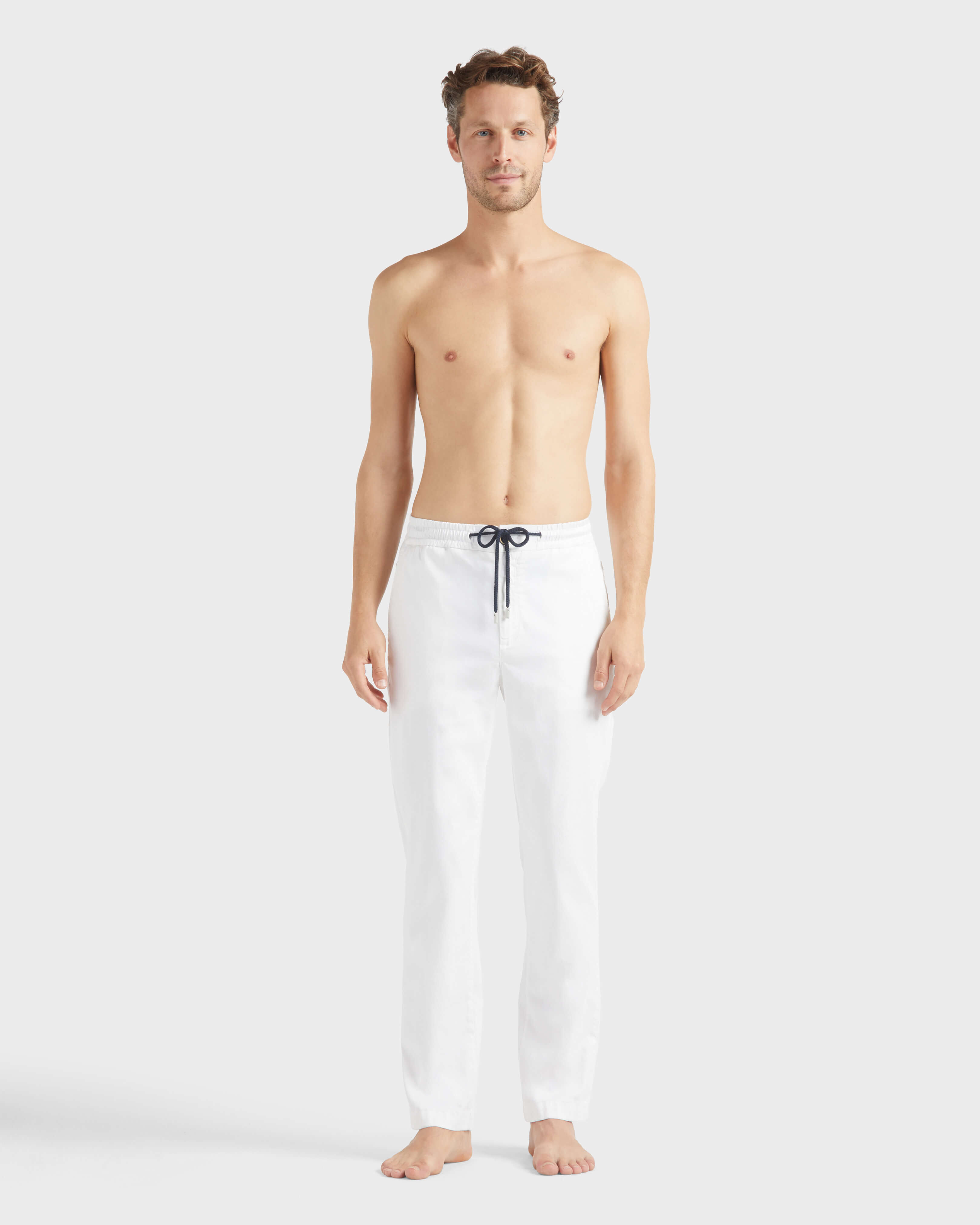 Men Elastic waist Tencel Satin Pants WHITE frontworn view