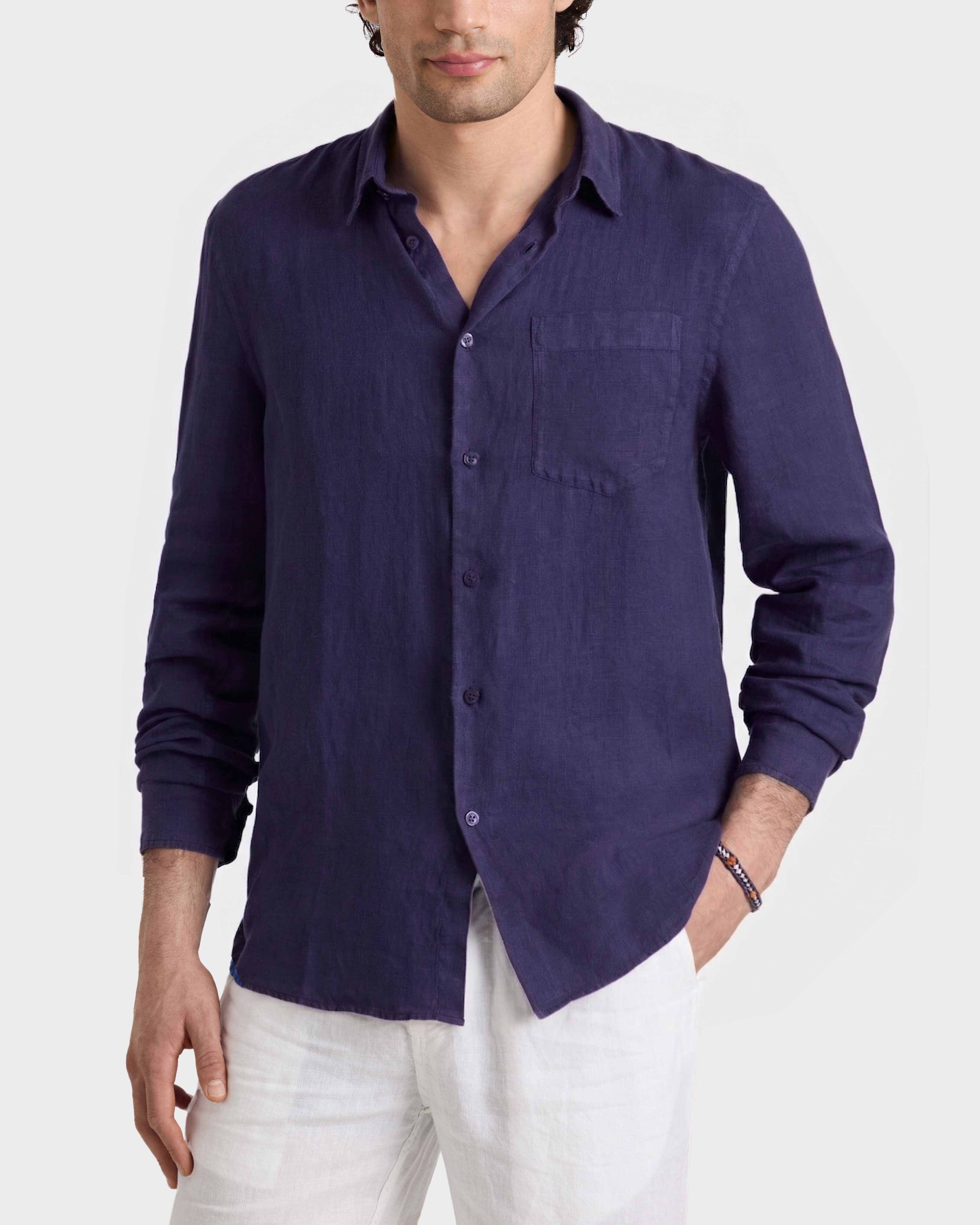 Chemise en lin homme unie BLEU MARINE frontworn view