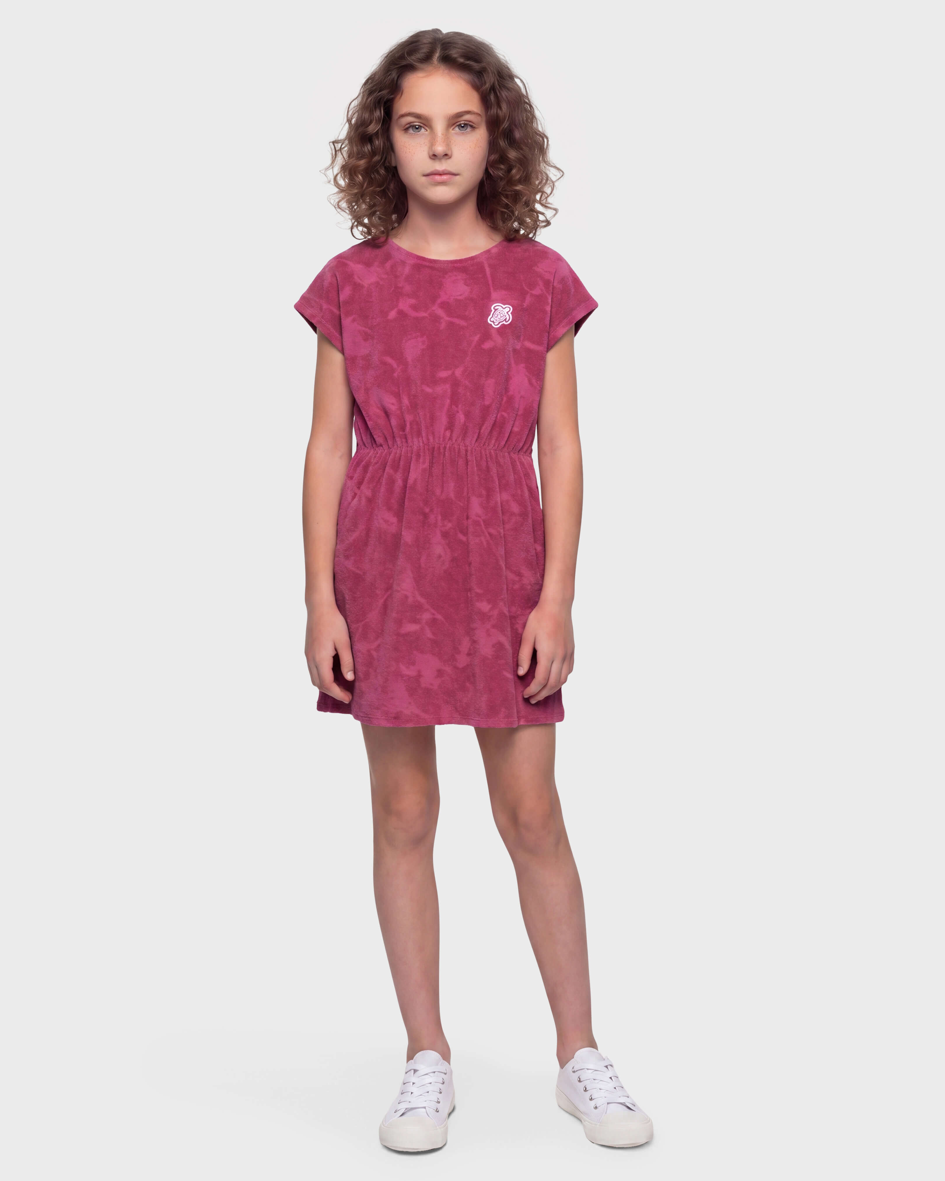 Girls Terry Jacquard Dress Roses CRIMSON PURPLE frontworn view