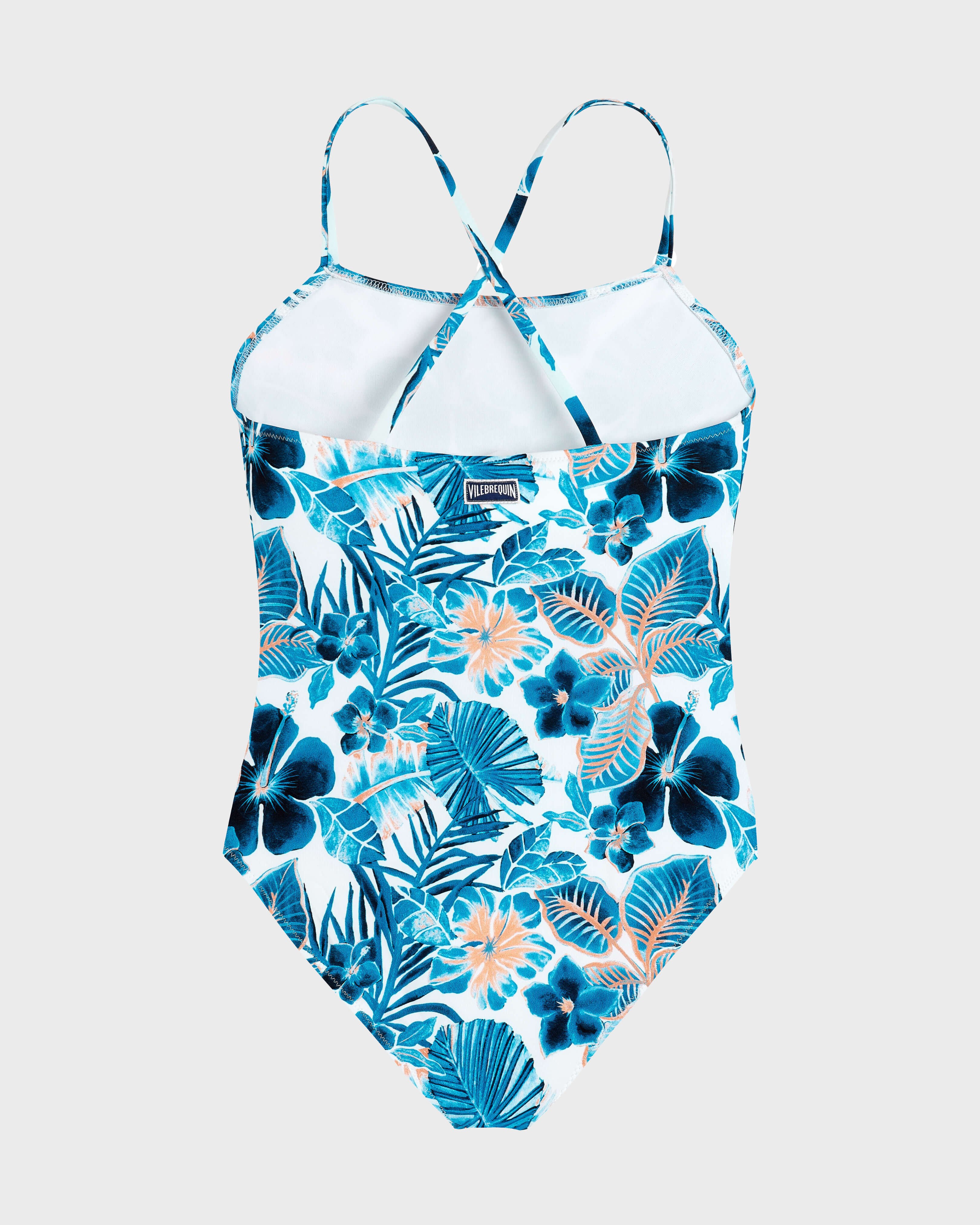 Girls One-piece Swimsuit Island Flowers WHITE back view