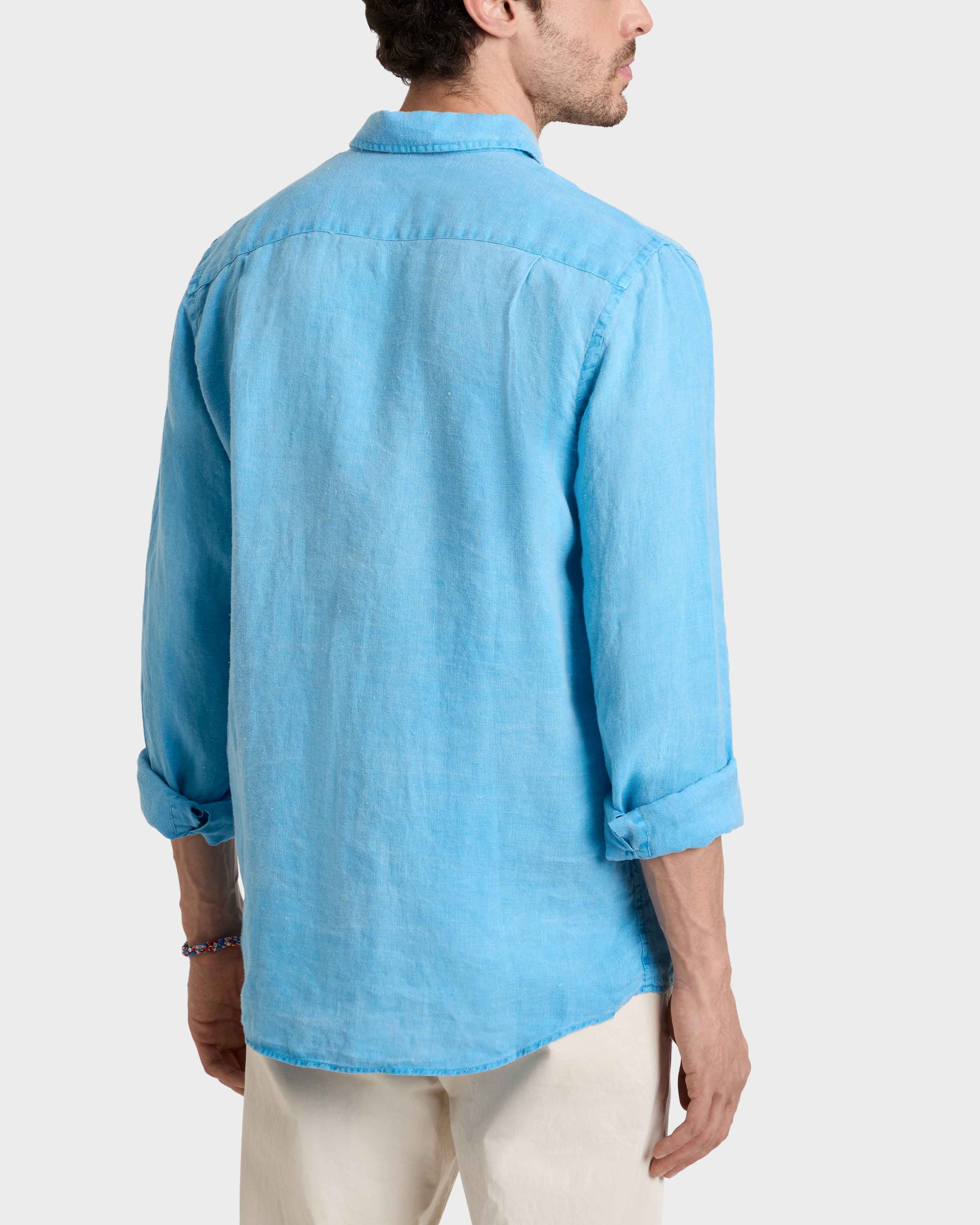 Men Linen Mineral Dye Shirt LARIMAR backworn view