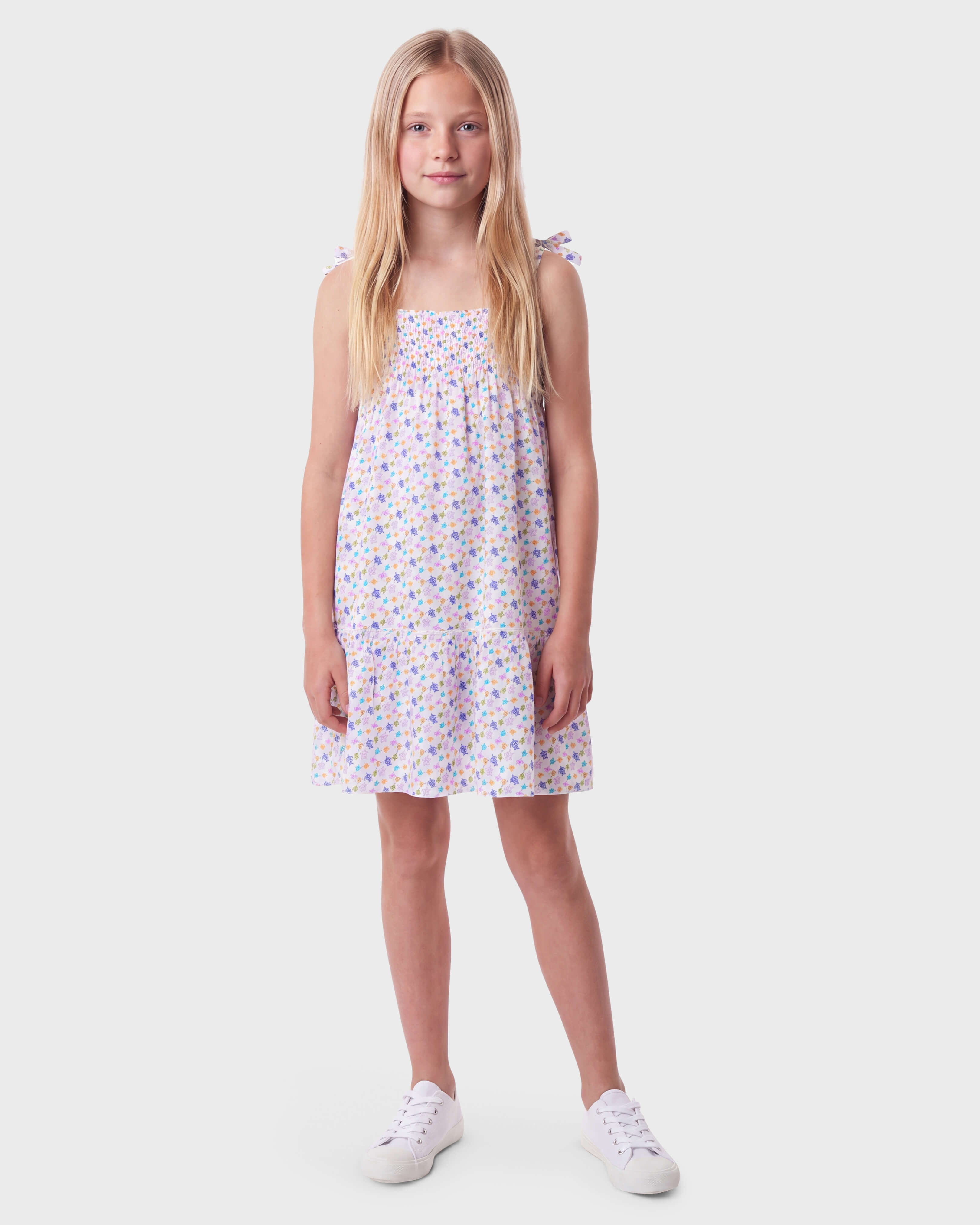 Girls Organic Cotton voile Dress Micro Ronde des Tortues WHITE frontworn view