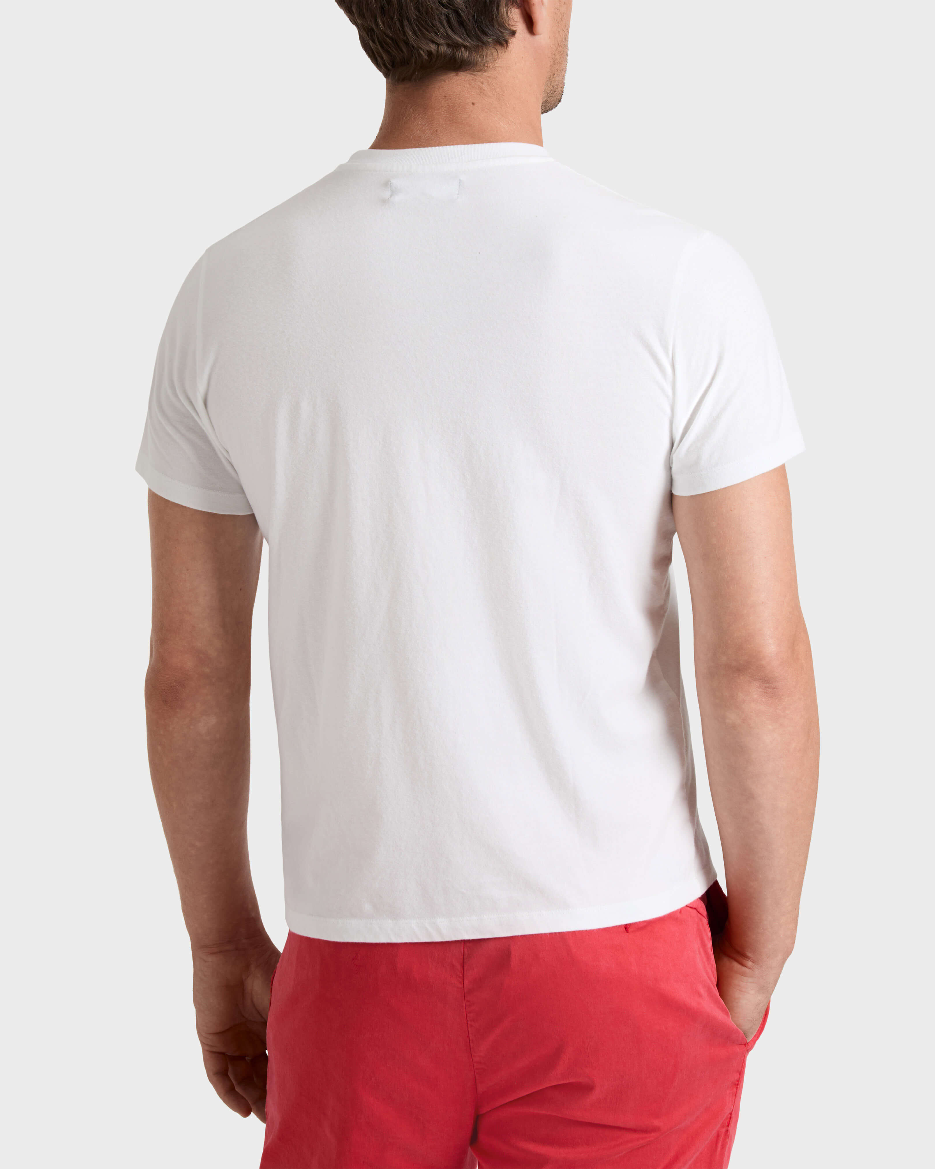 Camiseta de algodón orgánico con tortuga bordada para hombre BLANCO backworn view