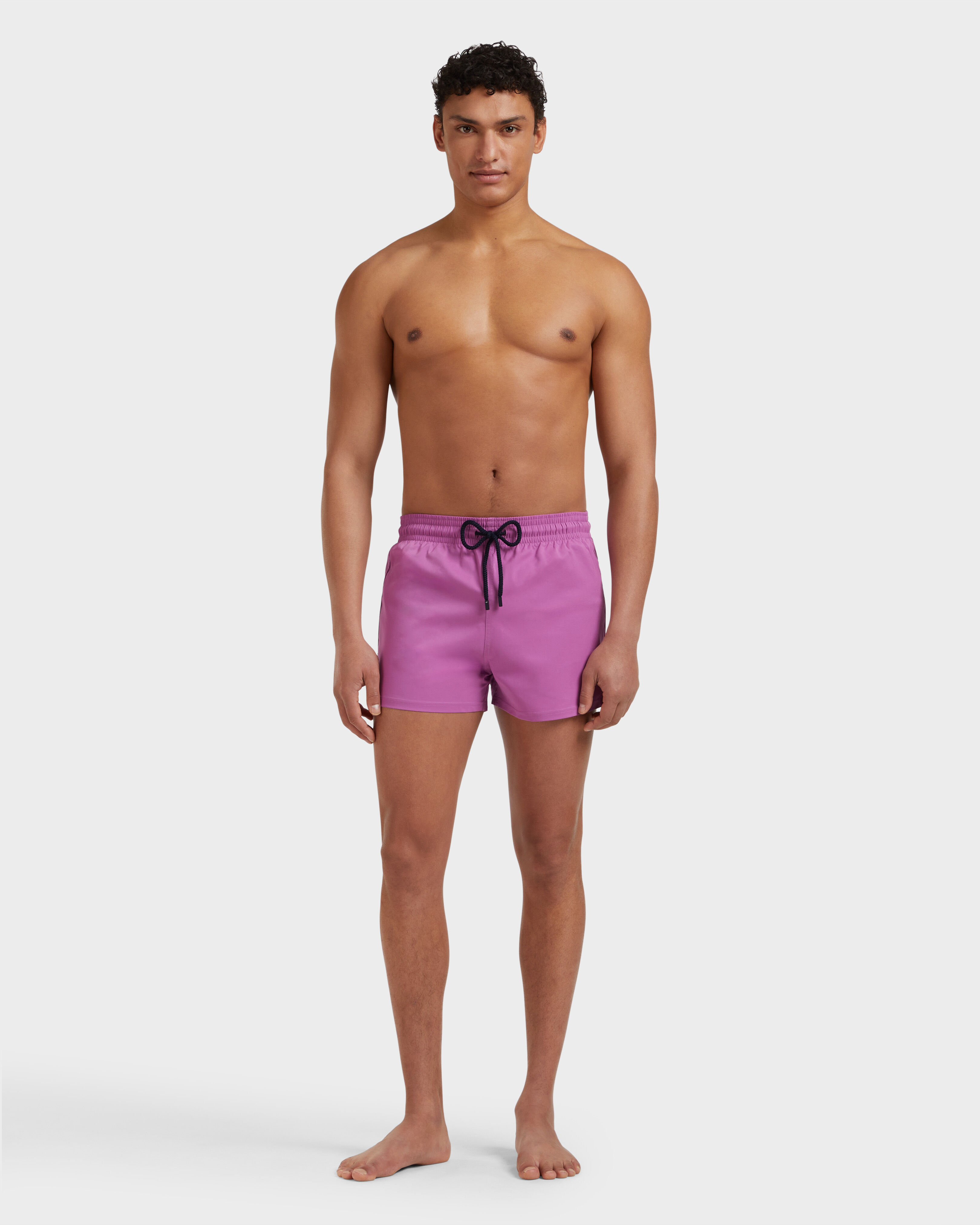 Men Swimwear Short and Fitted Stretch Solid PINK DAHLIA frontworn view