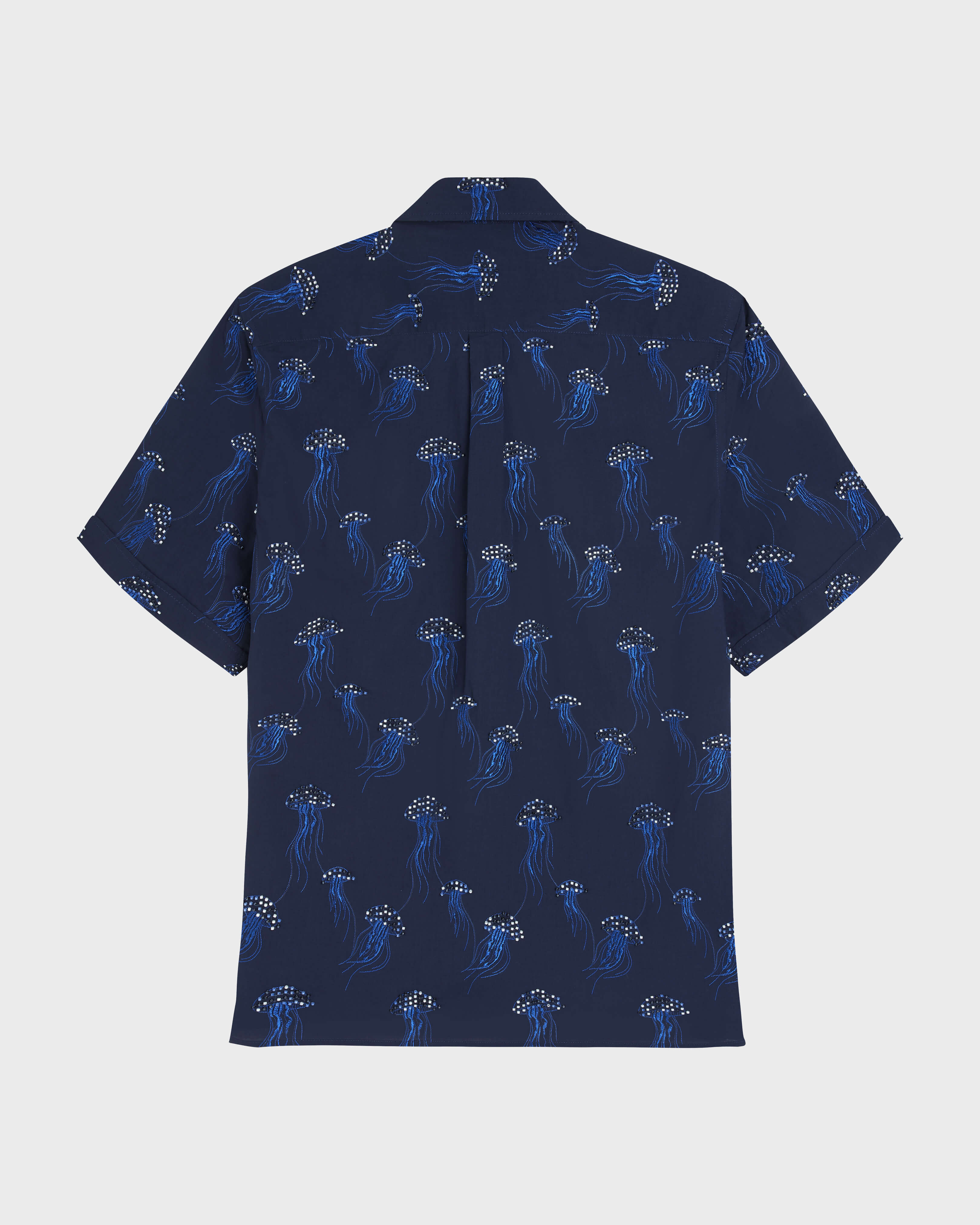 Camisa de manga corta en velo de algodón Medusas bordadas con abalorios hombre - Collection Limited AZUL MARINO back view