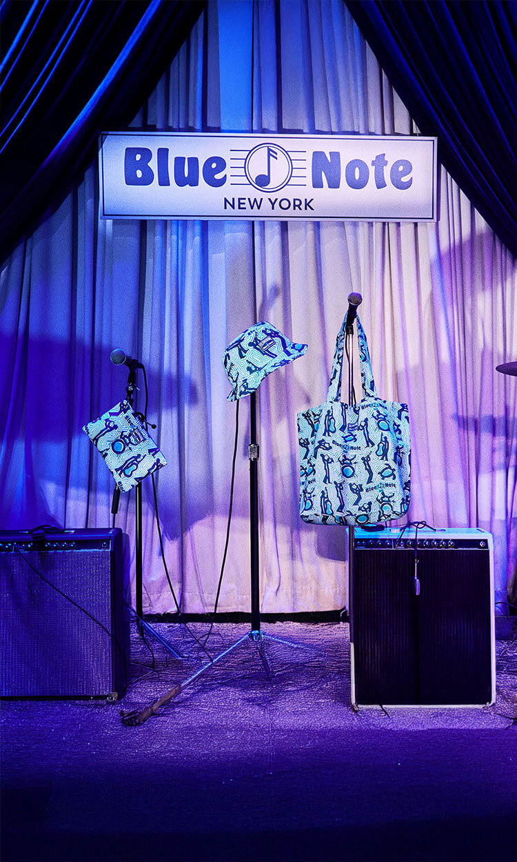 Blue Note products on display on a musical stage