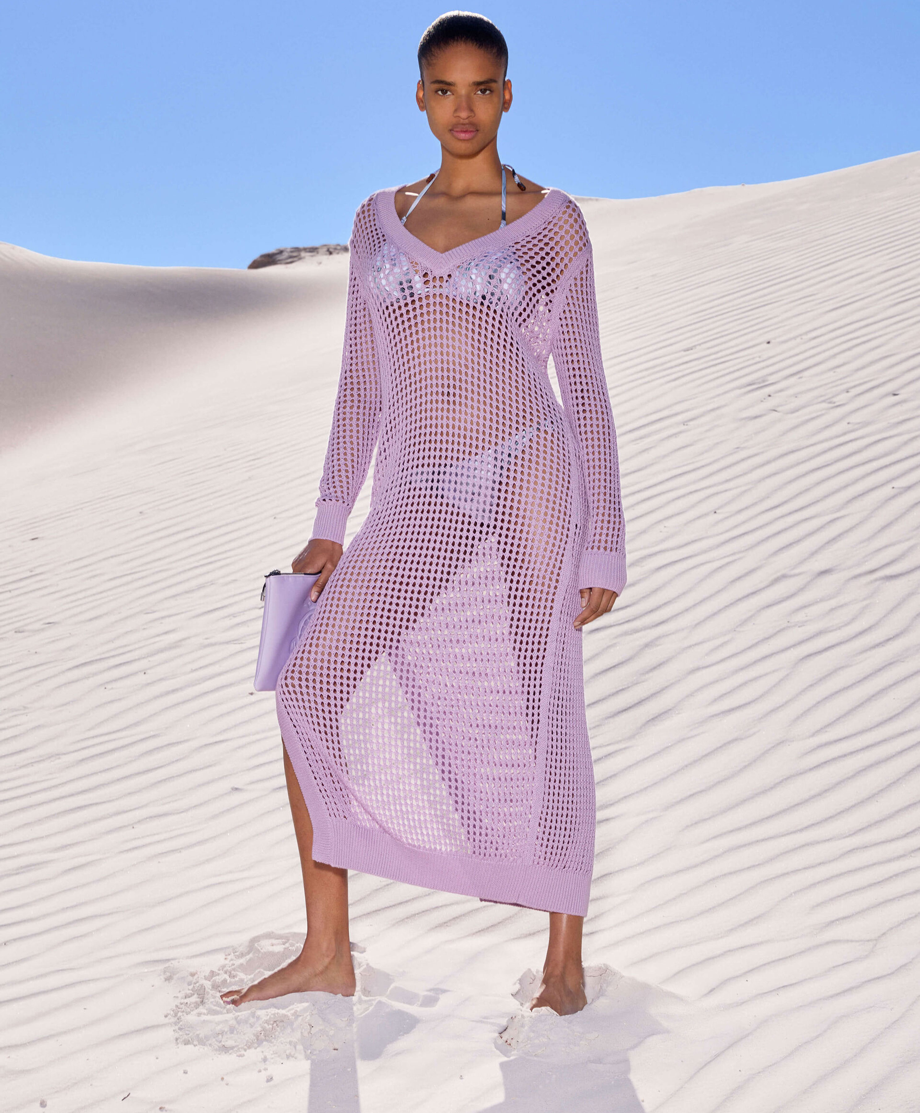 Vestido camisero de ganchillo de color liso para mujer