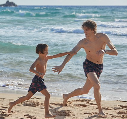 Dad and son matching swim shorts