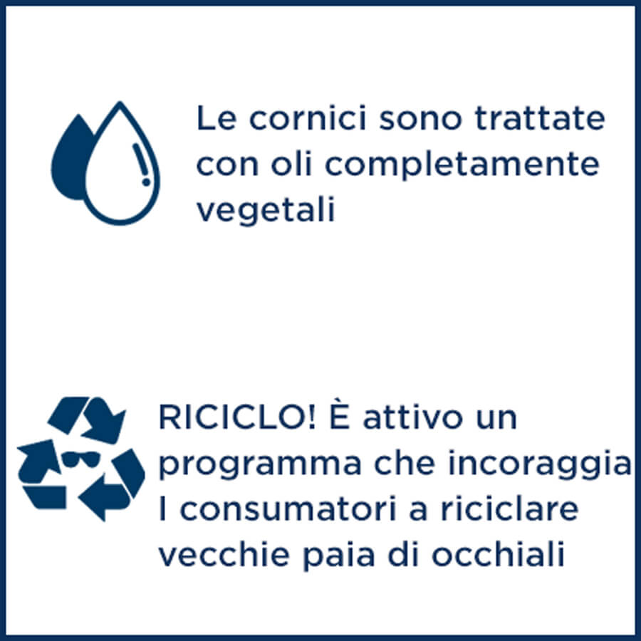 Le cornici sono trattate con oli completamente vegetali-RICICLO! È attivo un programma che incoraggia I consumatori a riciclare vecchie paia di occhiali