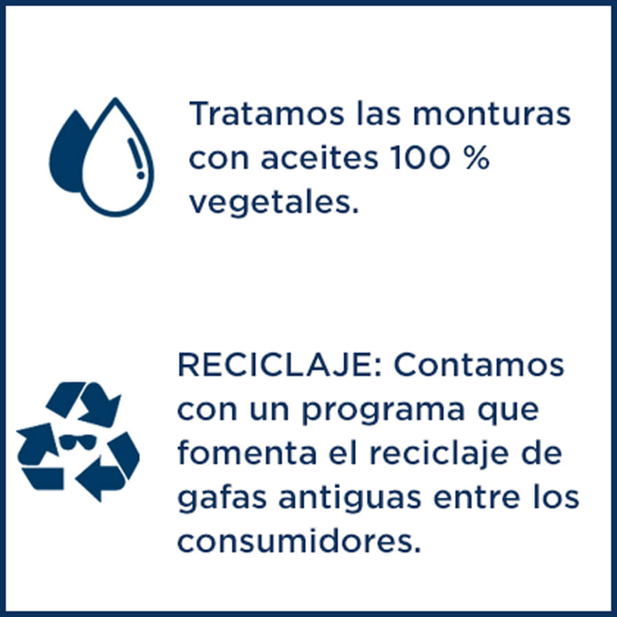 Tratamos las monturas con aceites 100 % vegetales.-RECICLAJE: Contamos con un programa que fomenta el reciclaje de gafas antiguas entre los consumidores.