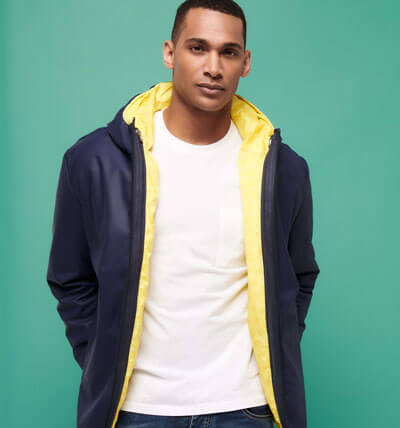 man wearing a reversible jacket