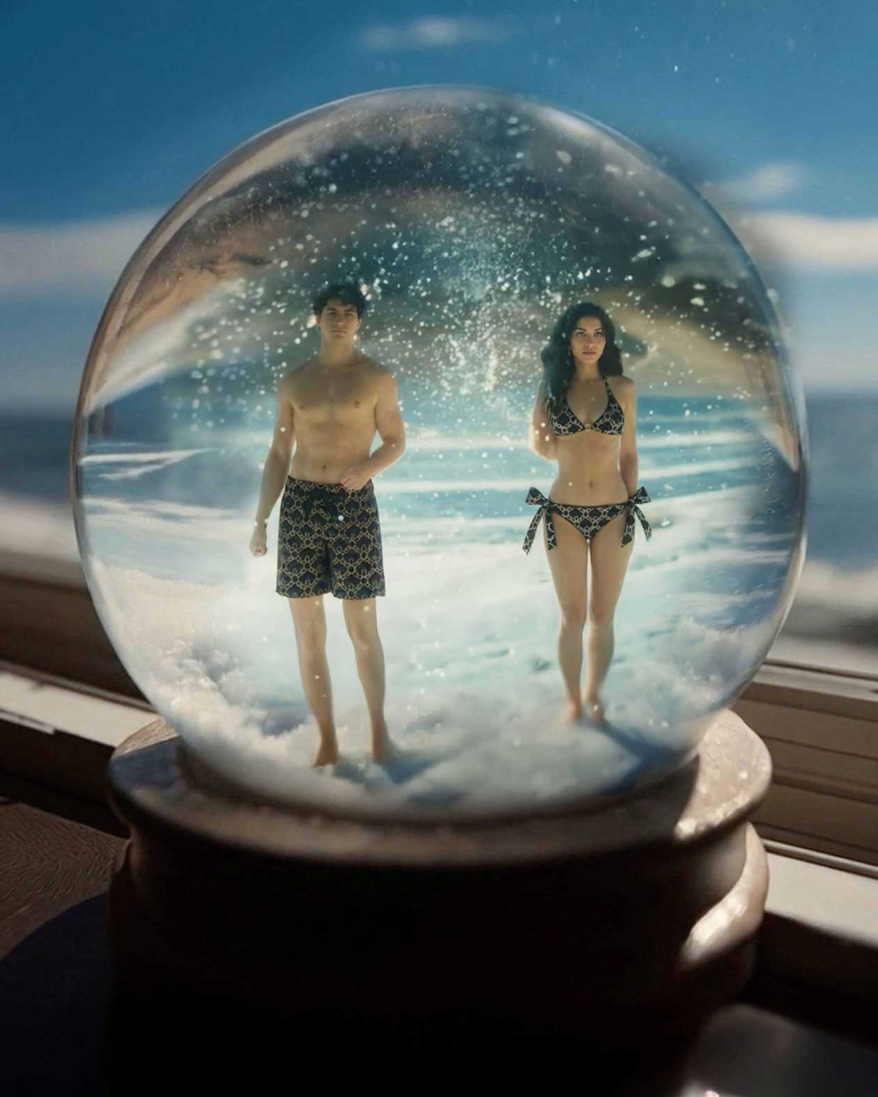Men and women in swimwear posing in a snowy bowl.