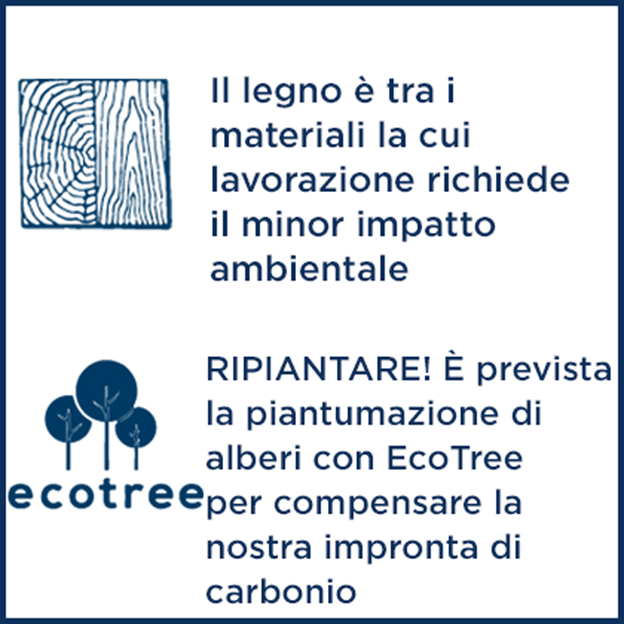 Il legno è tra i materiali la cui lavorazione richiede il minor impatto ambientale-RIPIANTARE! È prevista la piantumazione di alberi con EcoTree per compensare la nostra impronta di carbonio