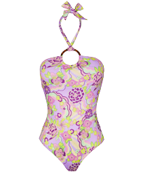 Damen Einteiler Bedruckt - Rainbow Flowers Badeanzug für Damen mit tiefem Rückenausschnitt, Cyclamen Vorderansicht