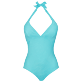 女款 Fitted 纯色 - 女士 Plumes Jacquard 挂脖式连体泳衣, Lazulii blue 正面图