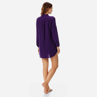 Women Others Embroidered - Women stand-up collar embroidered Linen Long Shirt Porto Rico, Reddish purple backworn Women Others Embroidered - Women stand-up collar embroidered Linen Long Shirt Porto Rico, Reddish purple backworn
