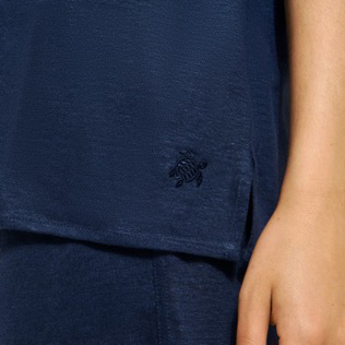 Unisex Linen Jersey Bowling Shirt Solid Azul marino detalles vista 5