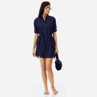 Women Others Graphic - Women Long Cotton voile Shirt Dress Carreaux, Navy supp2 Women Others Graphic - Women Long Cotton voile Shirt Dress Carreaux, Navy supp2
