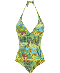 Women Fitted Printed - Women Halter One-Piece Swimsuit Jungle Rousseau, Ginger front view
