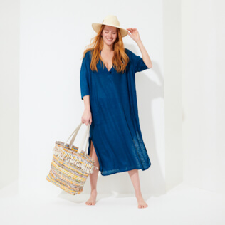 Mujer Autros Liso - Vestido de playa en lino de color liso para mujer, Goa supp2 Mujer Autros Liso - Vestido de playa en lino de color liso para mujer, Goa supp2